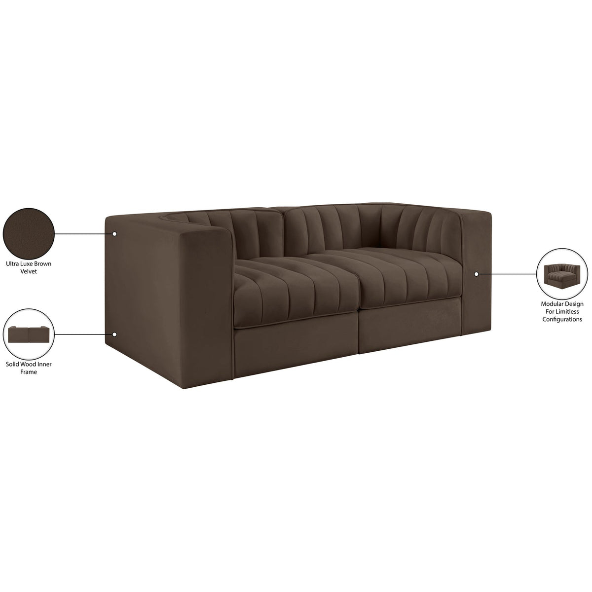 Rummi Brown Velvet Performance Fabric Upholstered 2 Piece Modular Loveseat