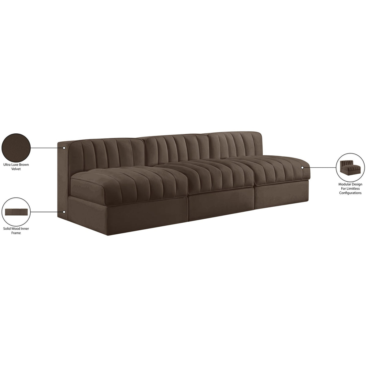 Rummi Brown Velvet Performance Fabric Upholstered 3 Piece Modular Sofa