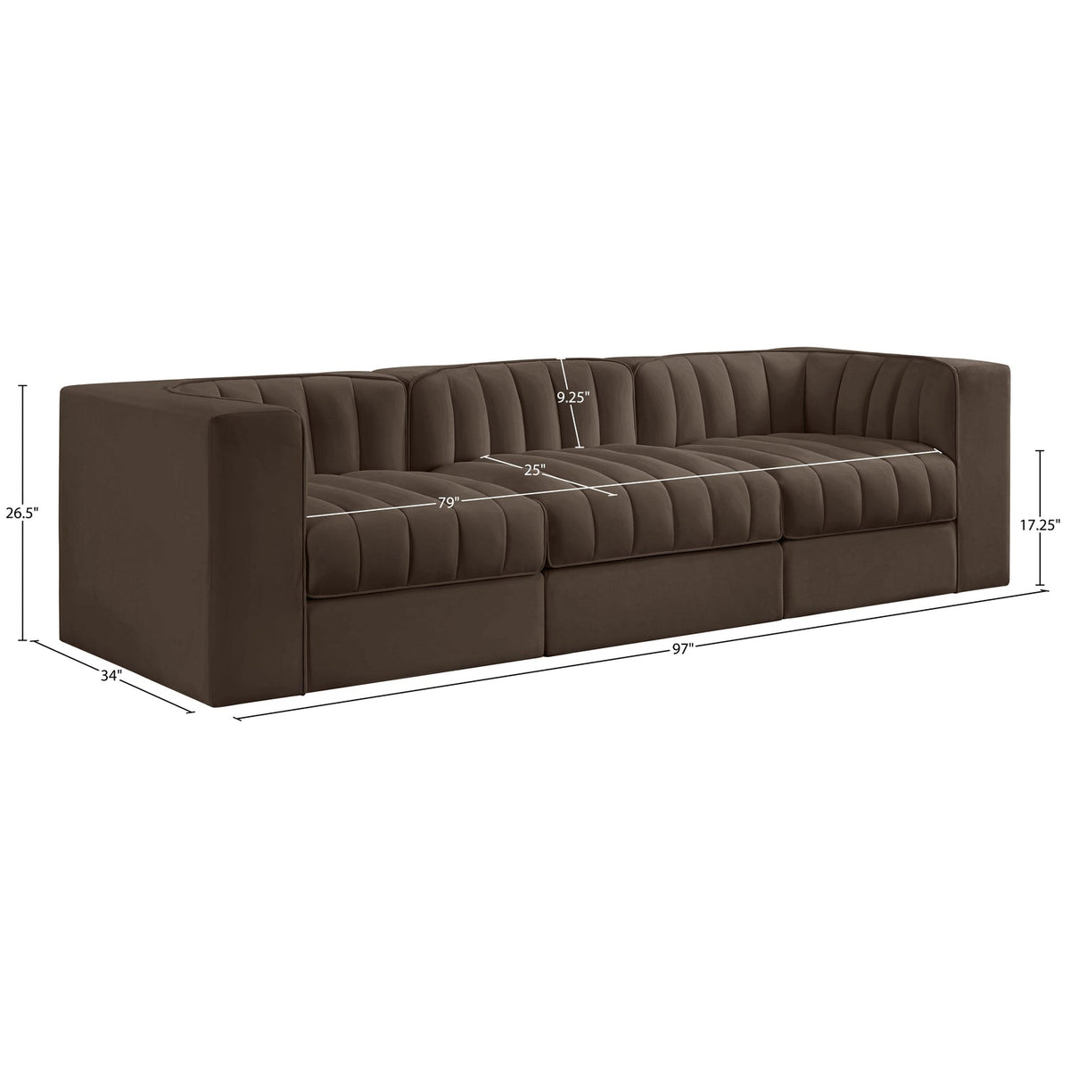 Rummi Brown Velvet Performance Fabric Upholstered 3 Piece Modular Sofa