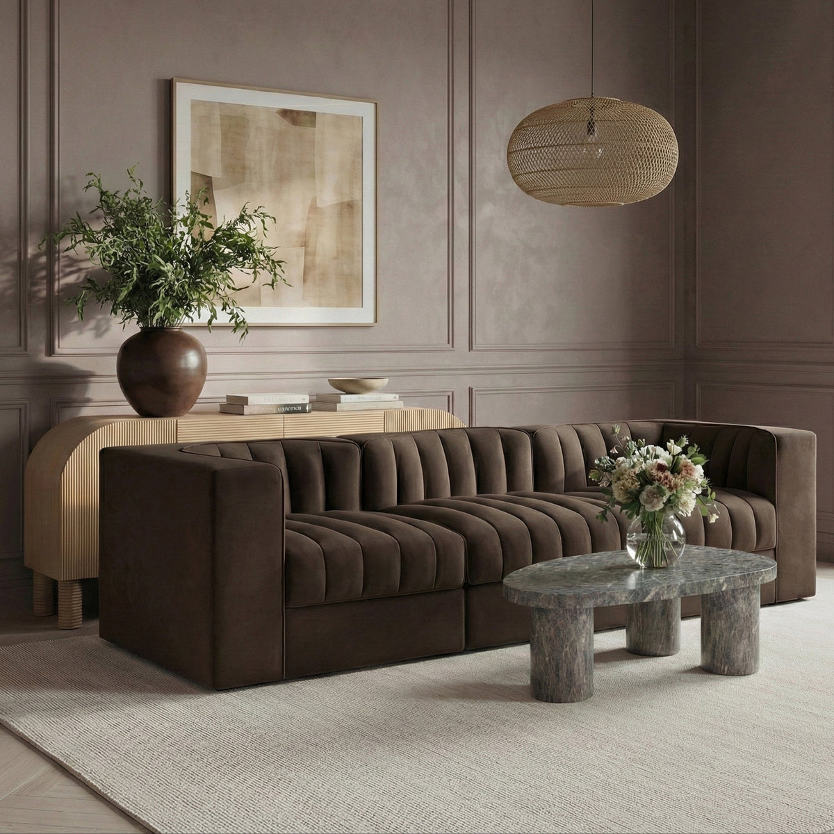 Rummi Brown Velvet Performance Fabric Upholstered 3 Piece. Modular Sofa