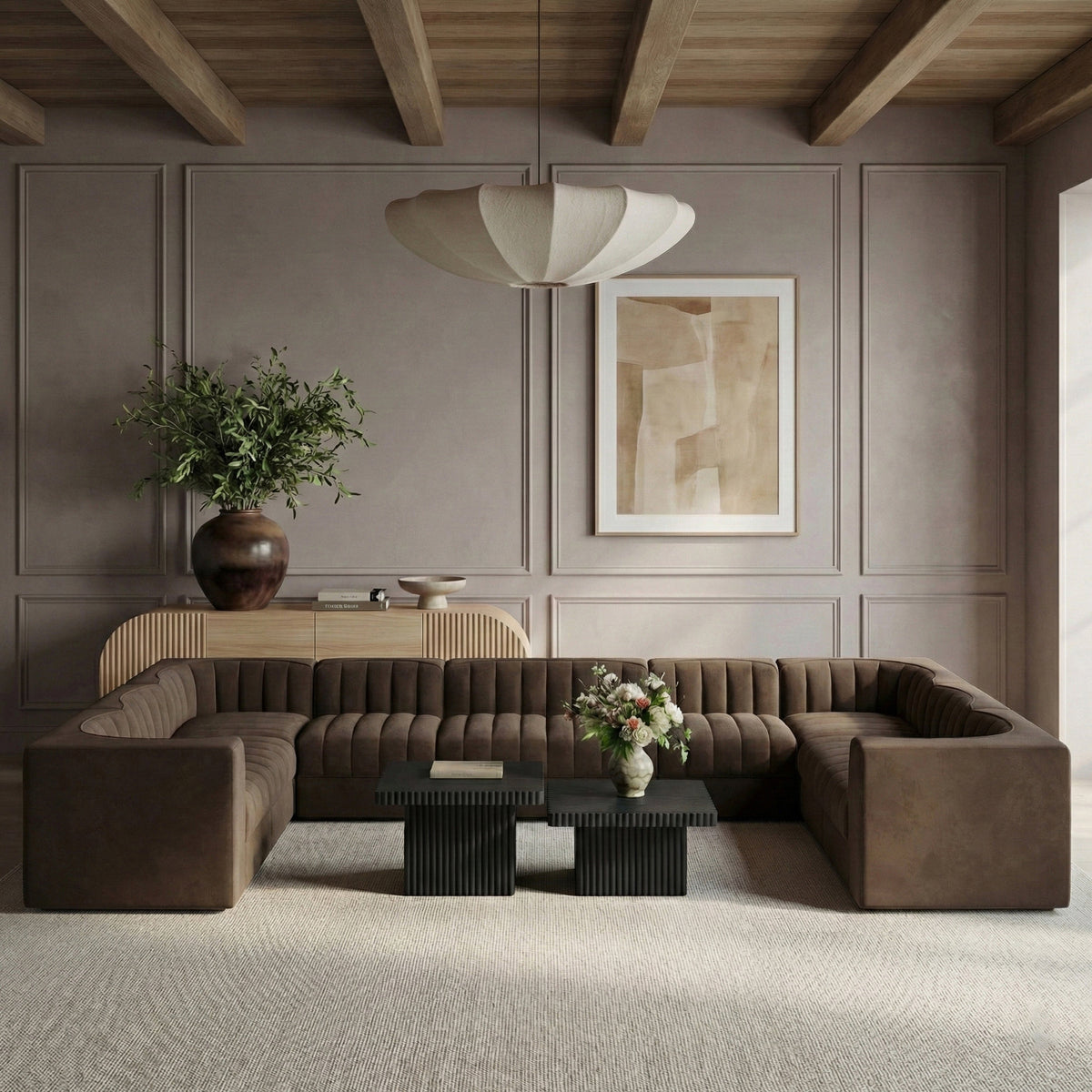 Rummi Brown Velvet Performance Fabric Upholstered 10 Piece Modular Sectional Sofa