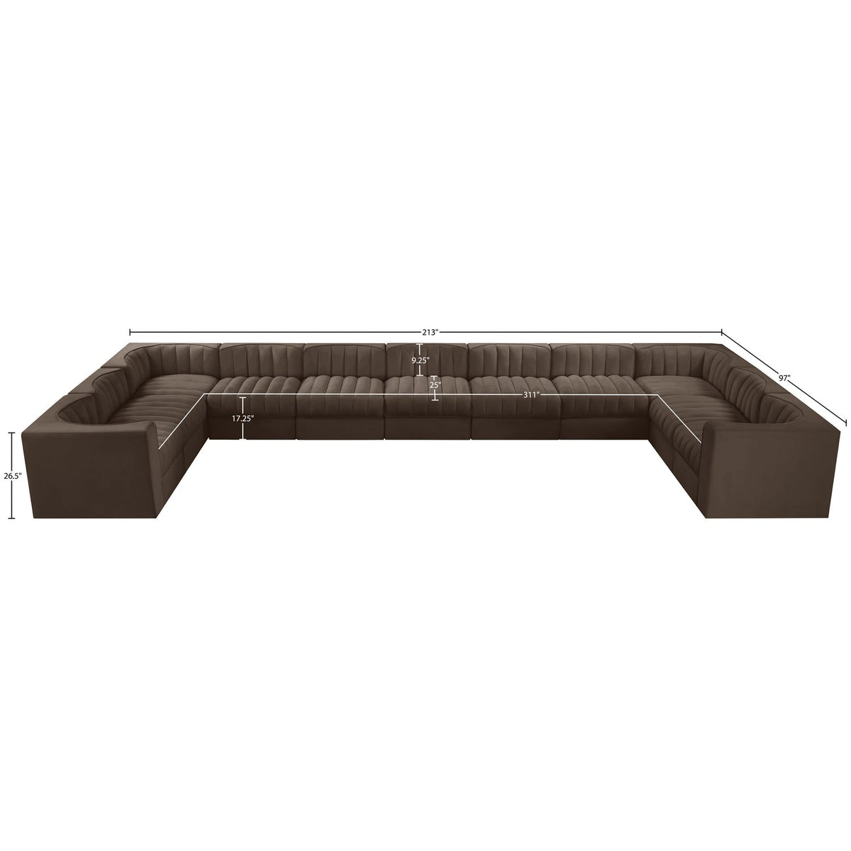 Rummi Brown Velvet Performance Fabric Upholstered 11 Piece Modular Sectional Sofa