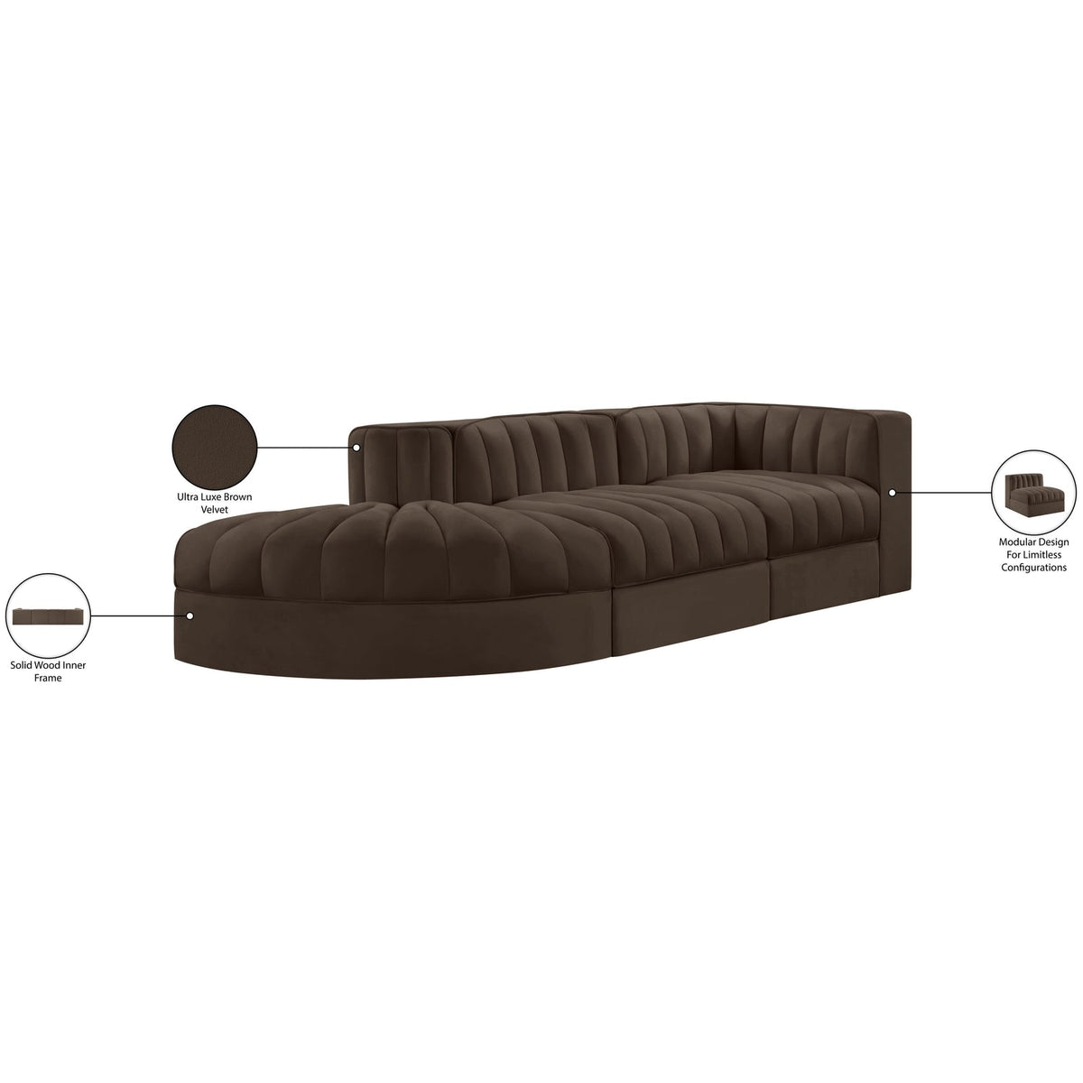 Rummi Brown Velvet Performance Fabric Upholstered 3 Piece Modular Sectional Sofa