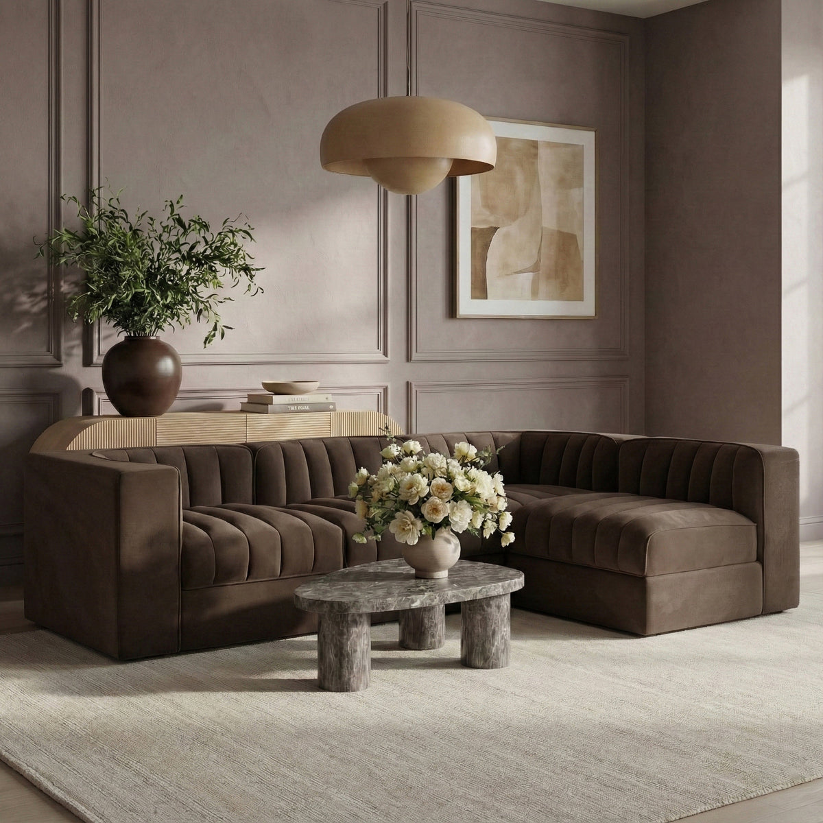 Rummi Brown Velvet Performance Fabric Upholstered 4 Piece Modular Sectional Sofa