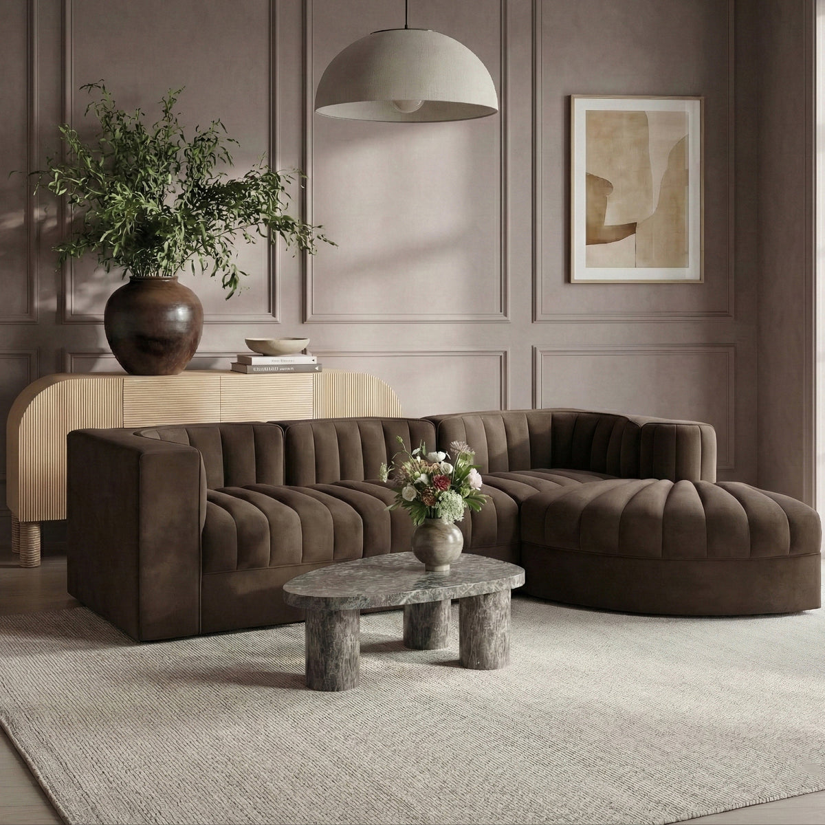 Rummi Brown Velvet Performance Fabric Upholstered 4 Piece Modular Sectional Sofa
