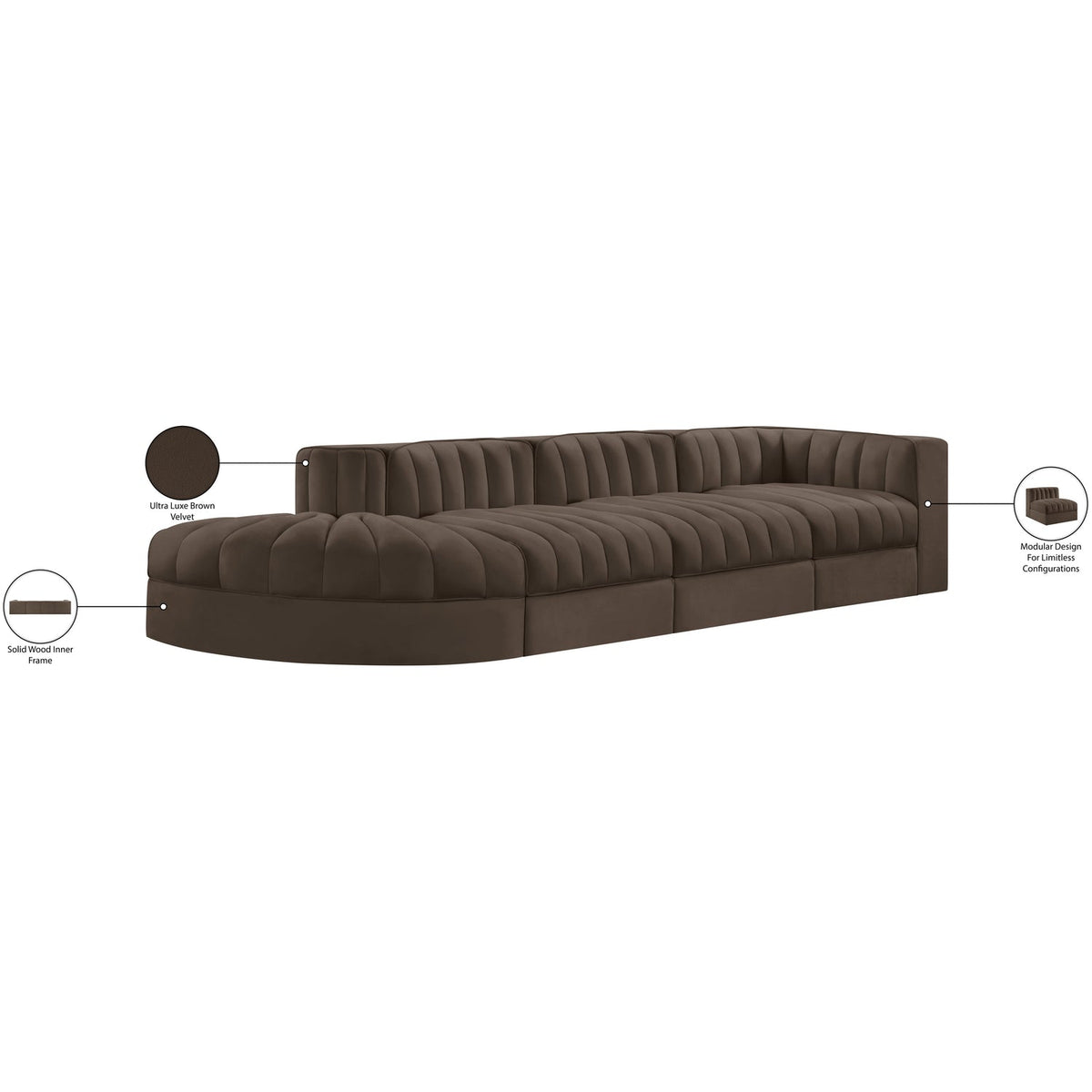 Rummi Brown Velvet Performance Fabric Upholstered 4 Piece Modular Sectional Sofa