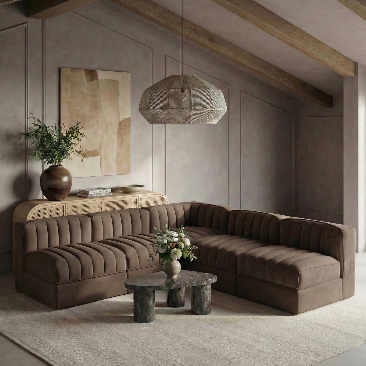 Rummi Brown Velvet Performance Fabric Upholstered 5 Piece Modular Sectional Sofa