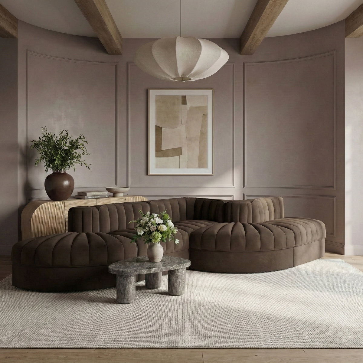 Rummi Brown Velvet Performance Fabric Upholstered 5 Piece Modular Sectional Sofa