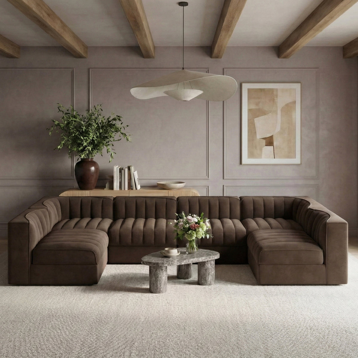 Rummi Brown Velvet Performance Fabric Upholstered 6 Piece Modular Sectional Sofa