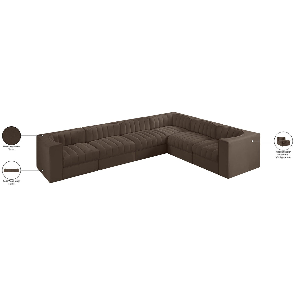 Rummi Brown Velvet Performance Fabric Upholstered 6 Piece Modular Sectional Sofa