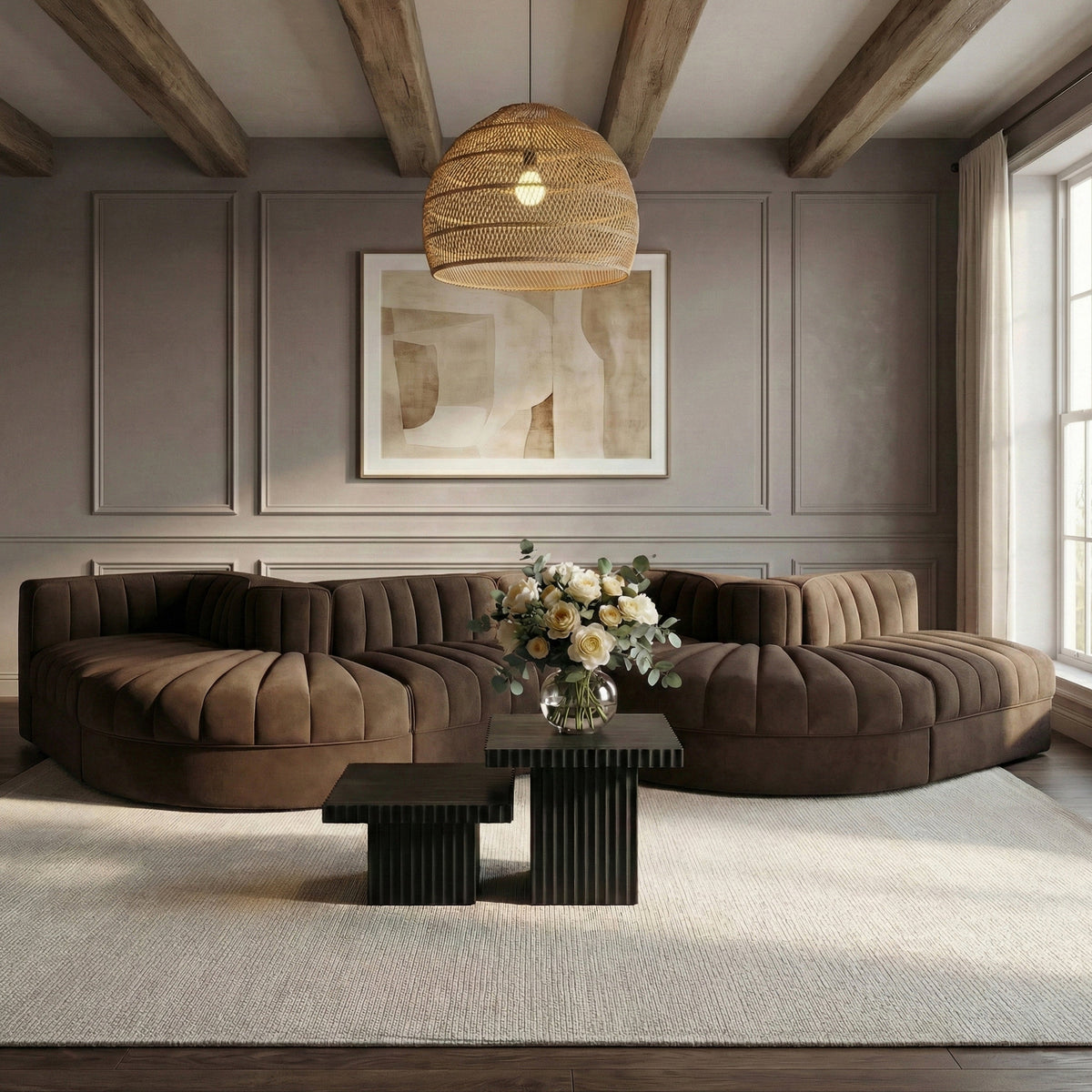 Rummi Brown Velvet Performance Fabric Upholstered 6 Piece Modular Sectional Sofa