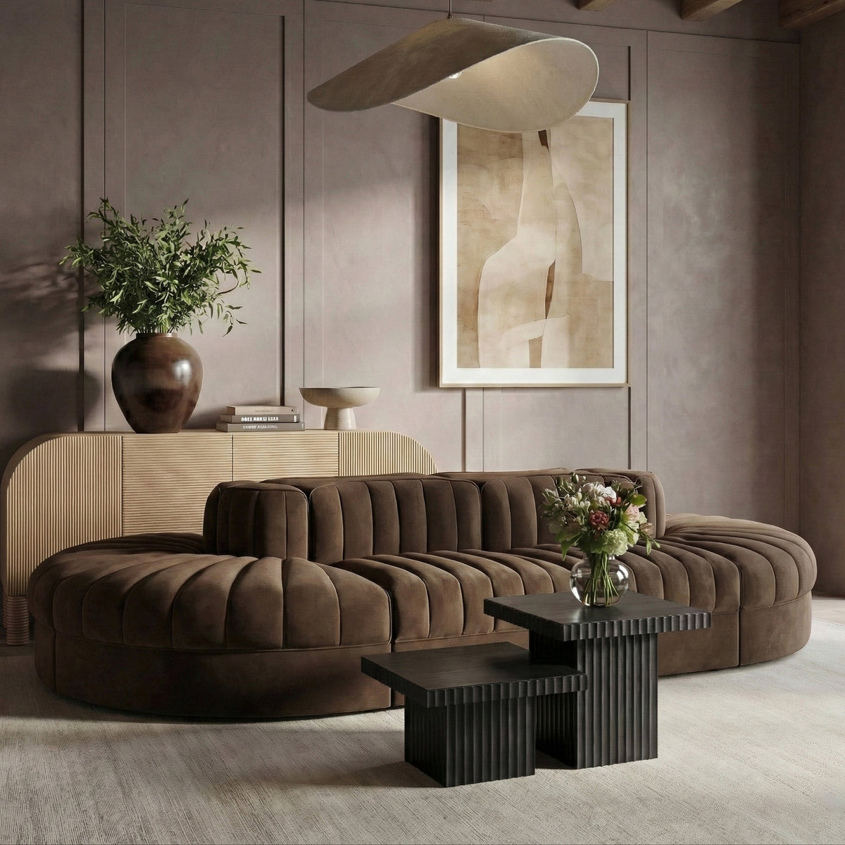 Rummi Brown Velvet Performance Fabric Upholstered 8 Piece Modular Sectional Sofa