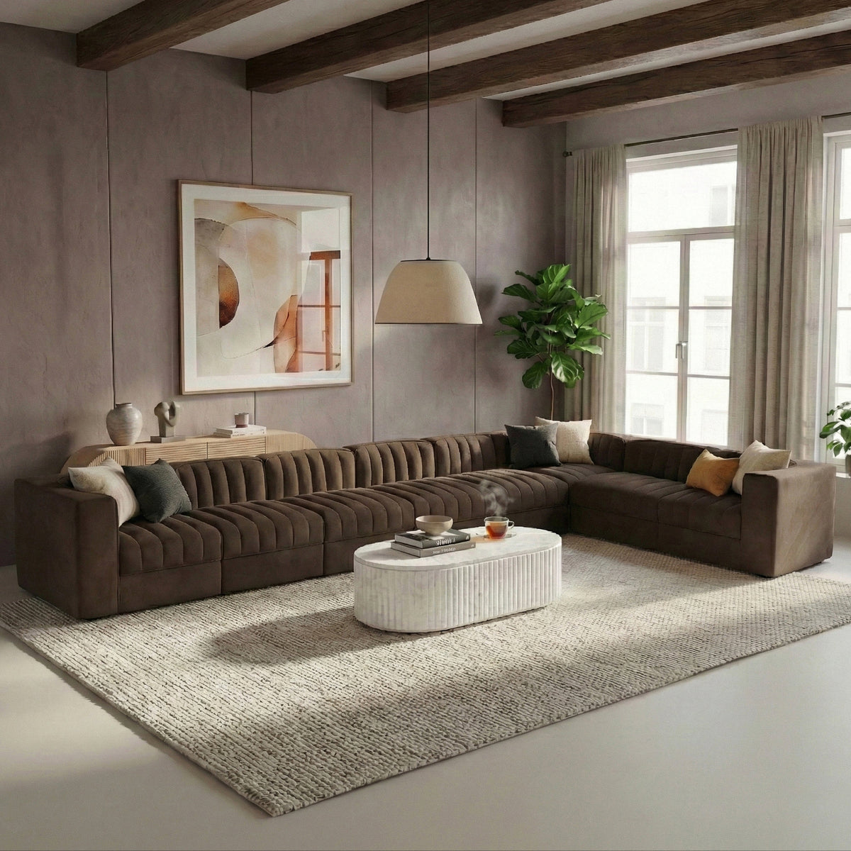 Rummi Brown Velvet Performance Fabric Upholstered 8 Piece Modular Sectional Sofa