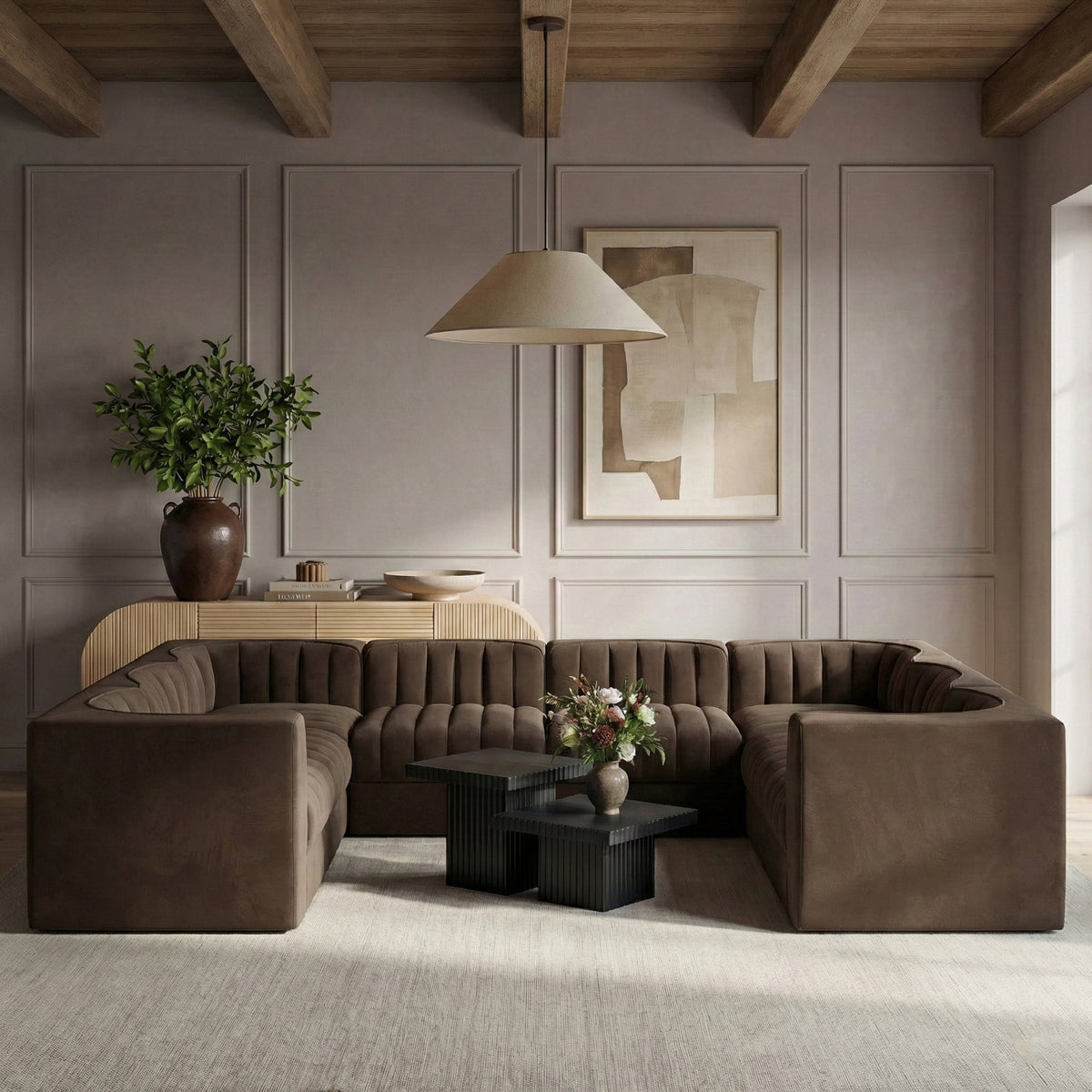 Rummi Brown Velvet Performance Fabric Upholstered Modular Sectional Sofa
