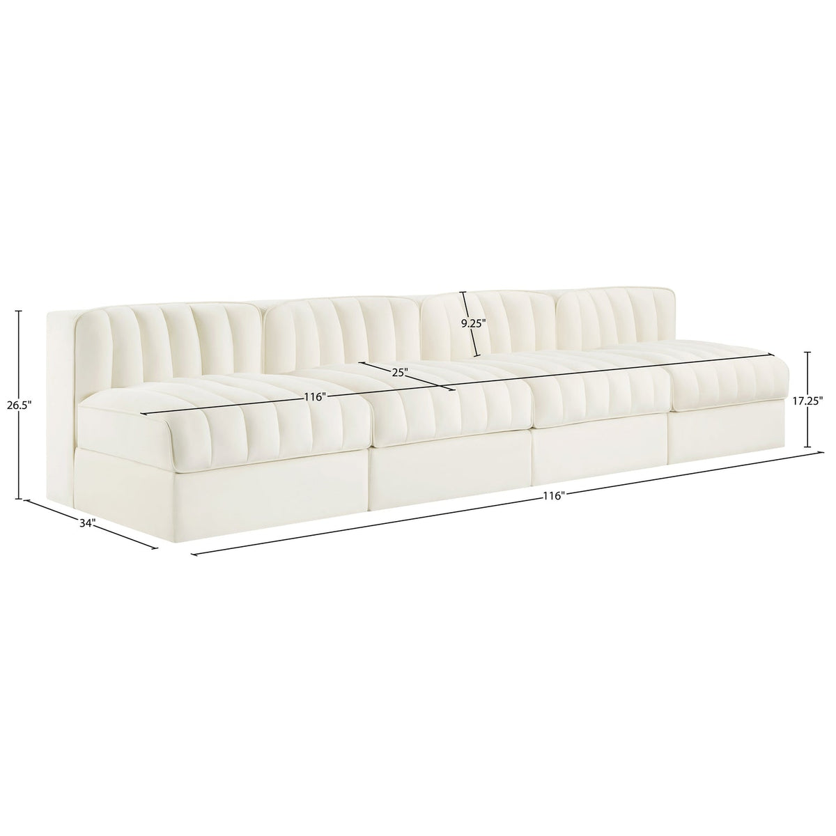 Rummi Cream Velvet Performance Fabric Upholstered 4 Piece Modular Sofa