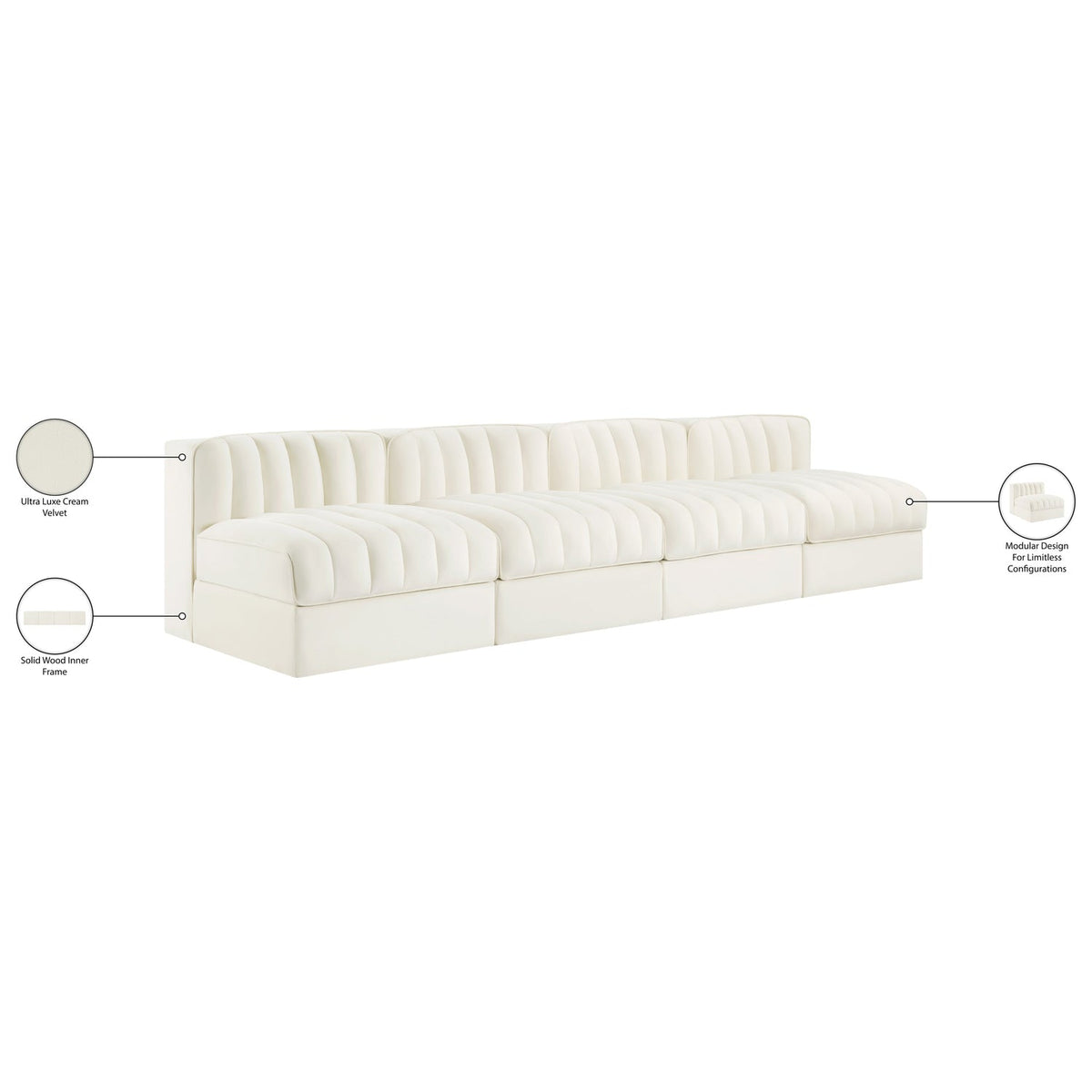 Rummi Cream Velvet Performance Fabric Upholstered 4 Piece Modular Sofa