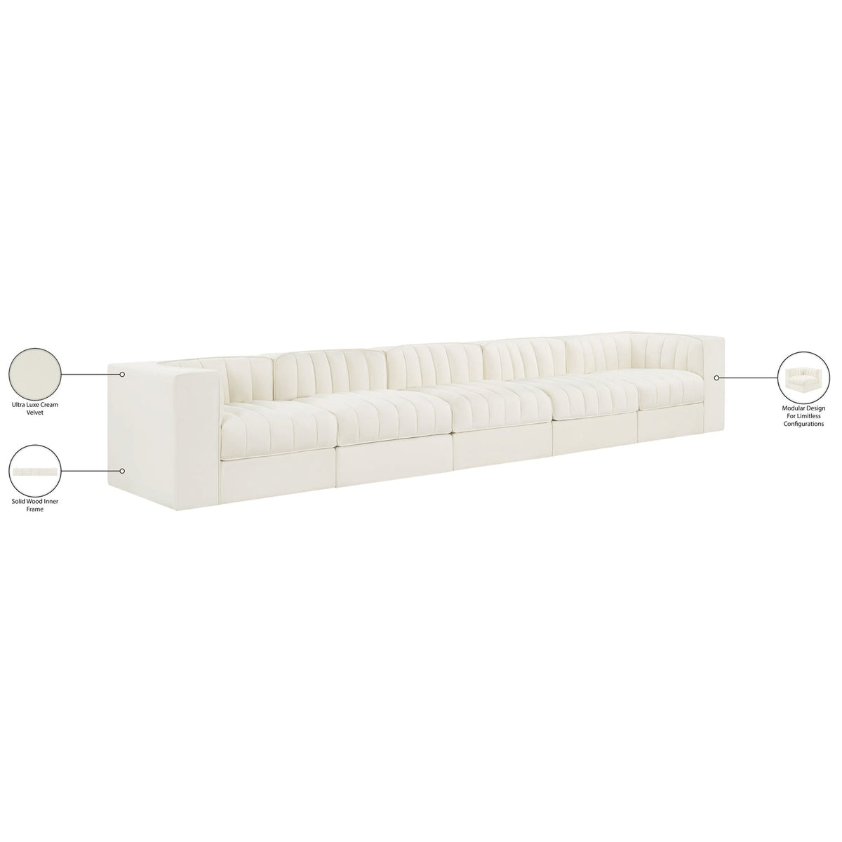 Rummi Cream Velvet Performance Fabric Upholstered 5 Piece Modular Sofa