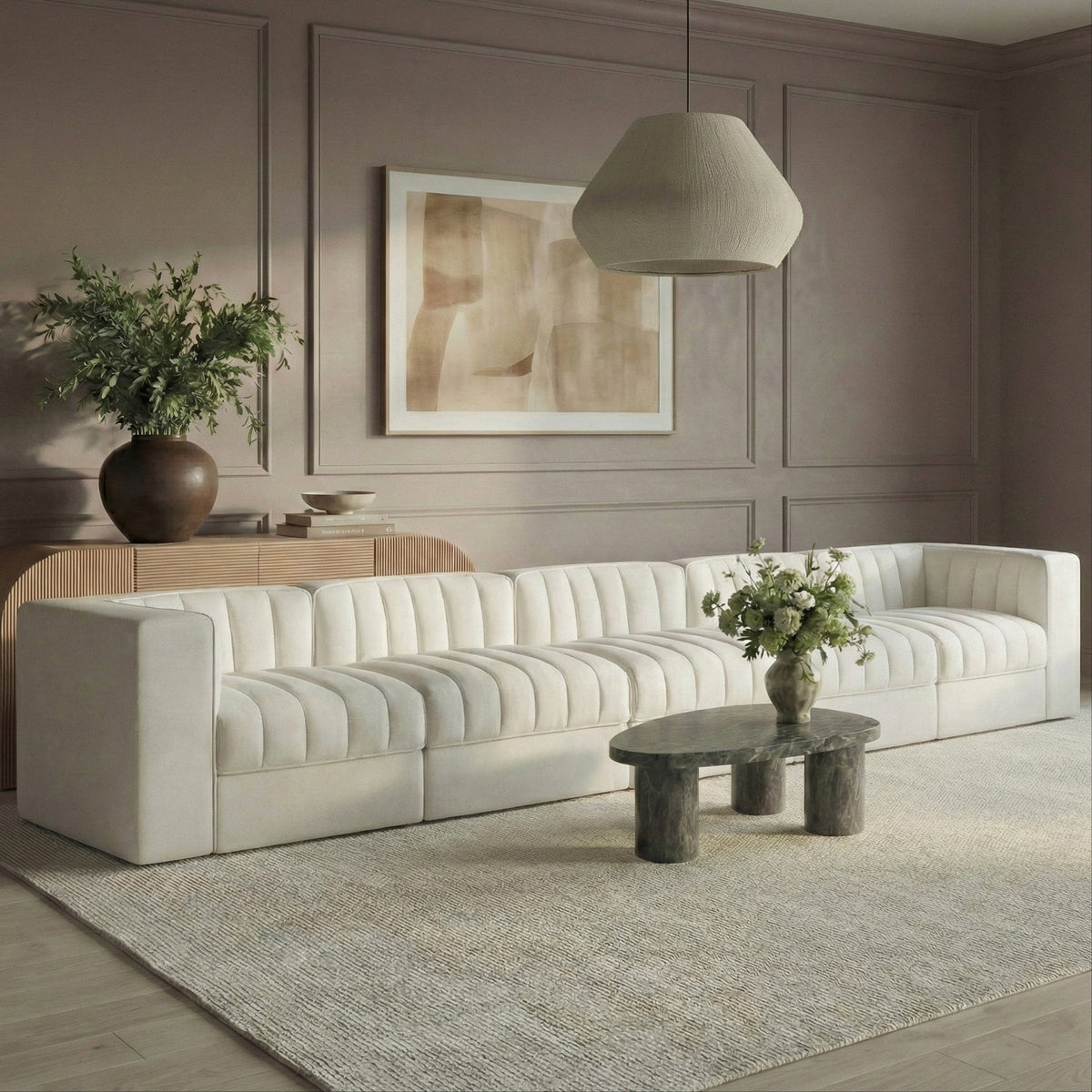 Rummi Cream Velvet Performance Fabric Upholstered 5 Piece Modular Sofa