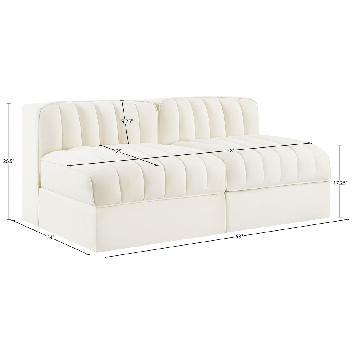 Rummi Cream Velvet Performance Fabric Upholstered 2 Piece Modular Loveseat