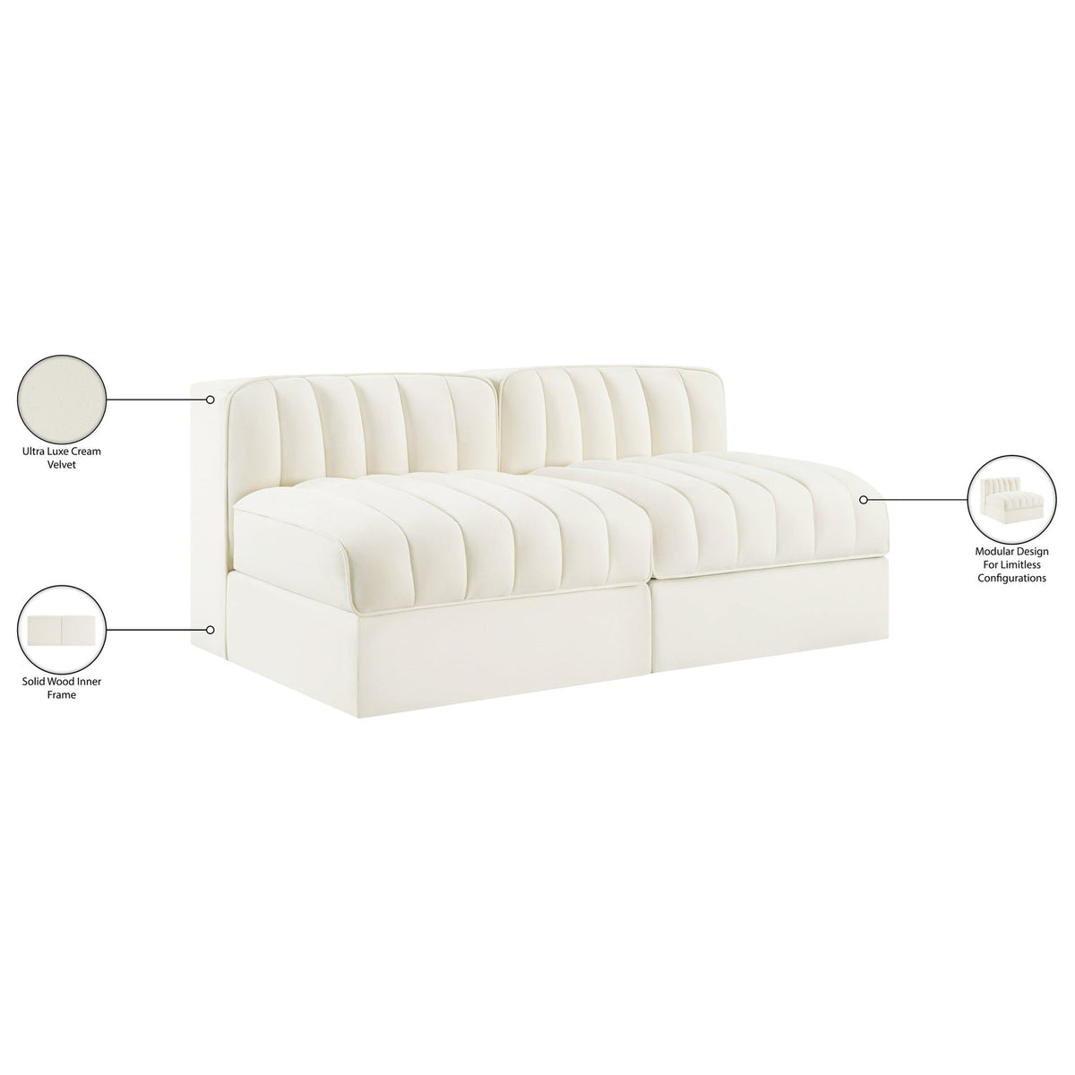 Rummi Cream Velvet Performance Fabric Upholstered 2 Piece Modular Loveseat