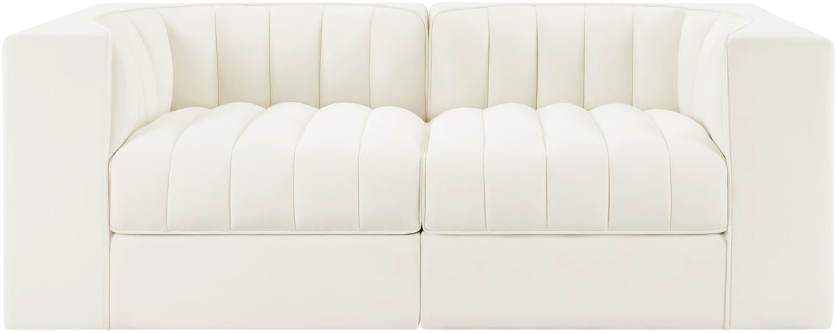 Rummi Cream Velvet Performance Fabric Upholstered 2 Piece Modular Loveseat