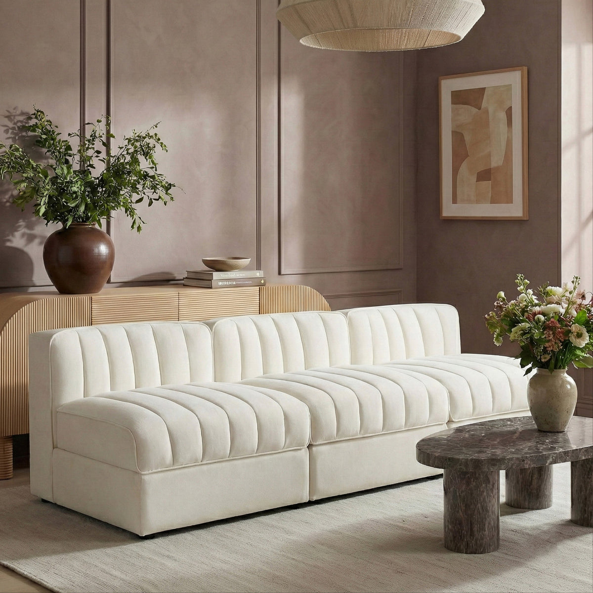 Rummi Cream Velvet Performance Fabric Upholstered 3 Piece Modular Sofa