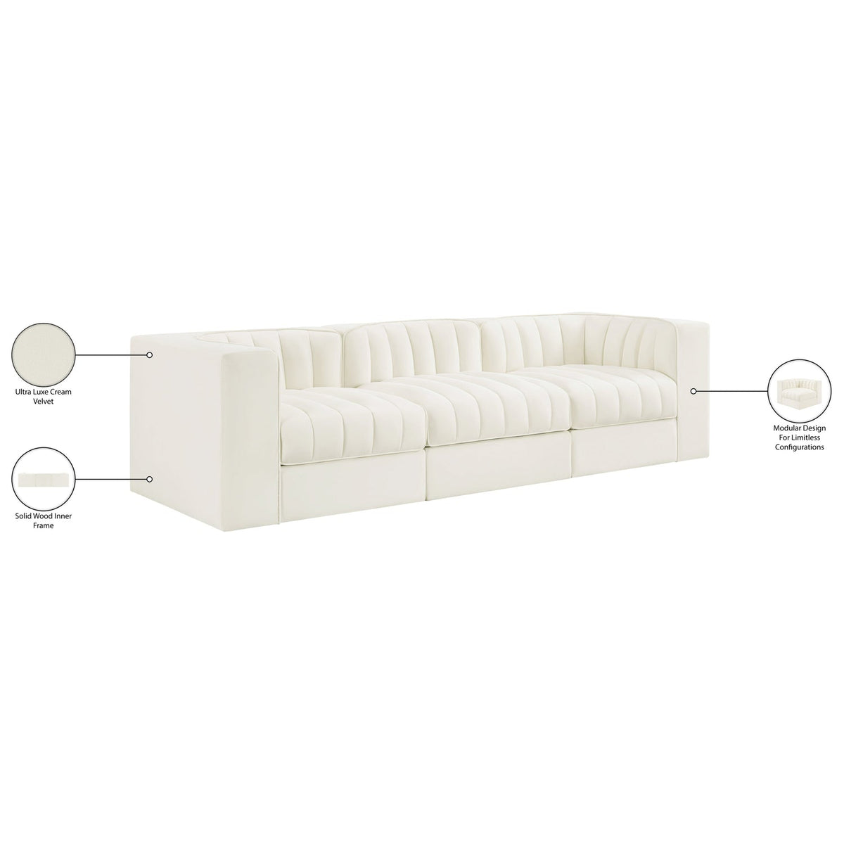 Rummi Cream Velvet Performance Fabric Upholstered 3 Piece Modular Sofa