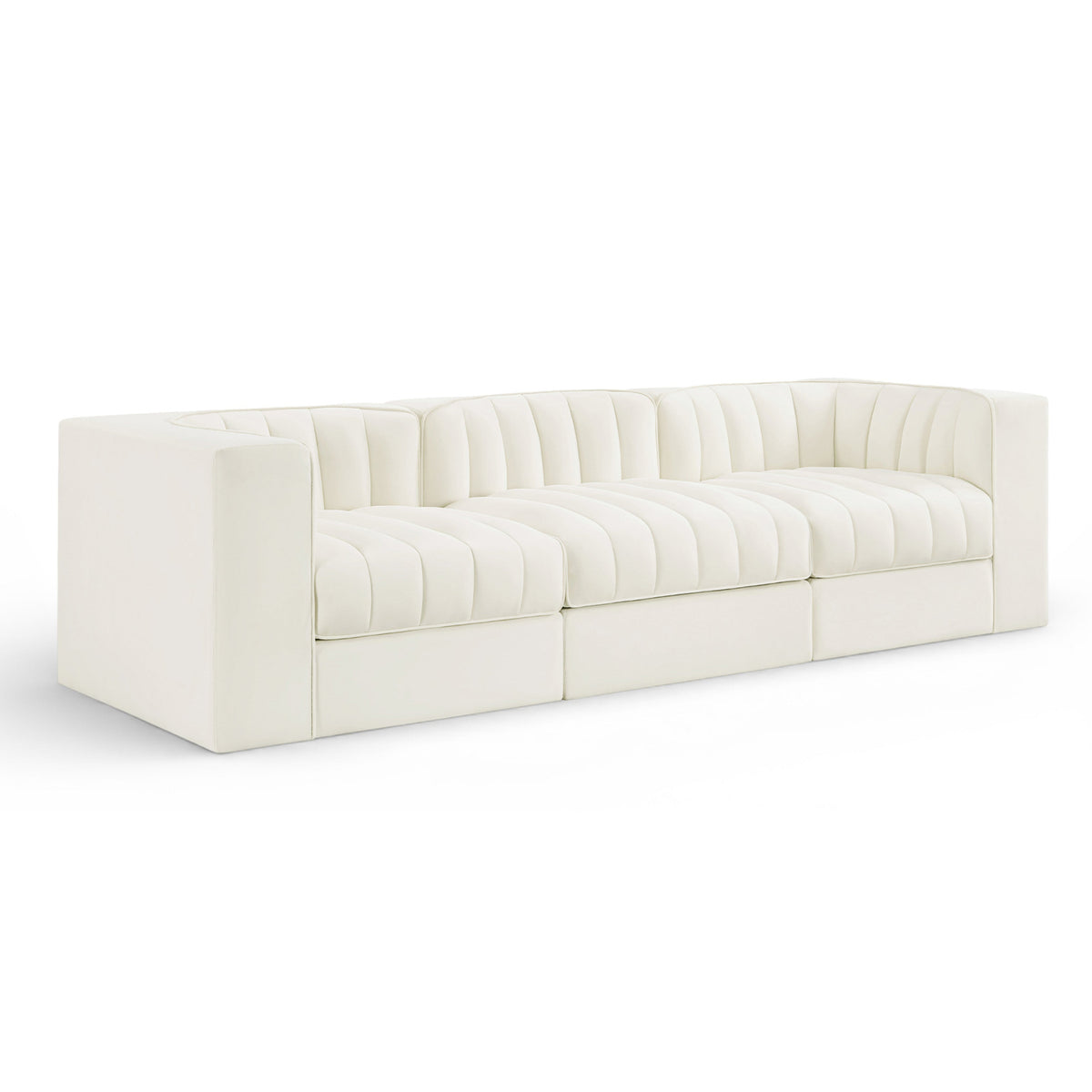 Rummi Cream Velvet Performance Fabric Upholstered 3pc. Modular Sofa in cream velvet, 97"W x 34"D, primary product view