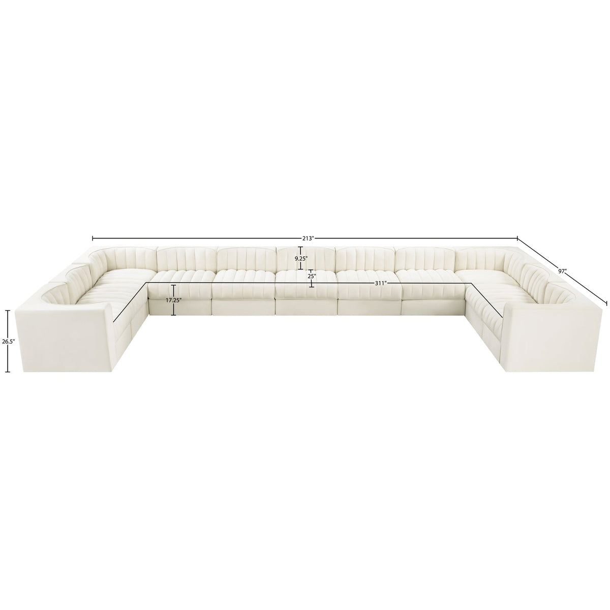Rummi Cream Velvet Performance Fabric Upholstered 11 Piece Modular Sectional Sofa