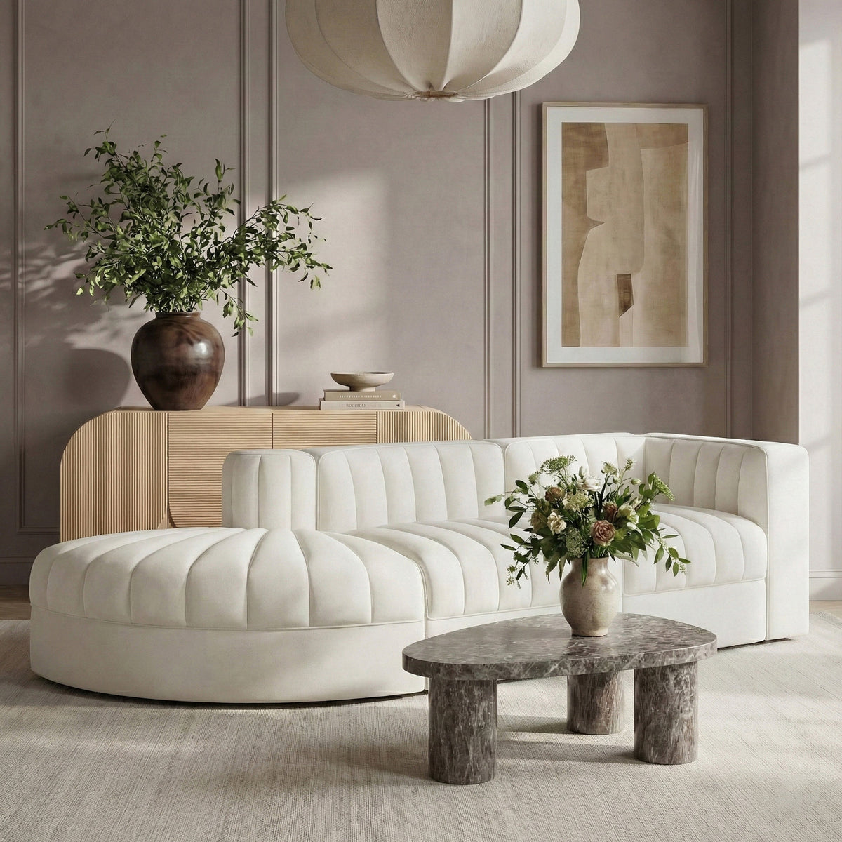 Rummi Cream Velvet Performance Fabric Upholstered 3 Piece Modular Sectional Sofa