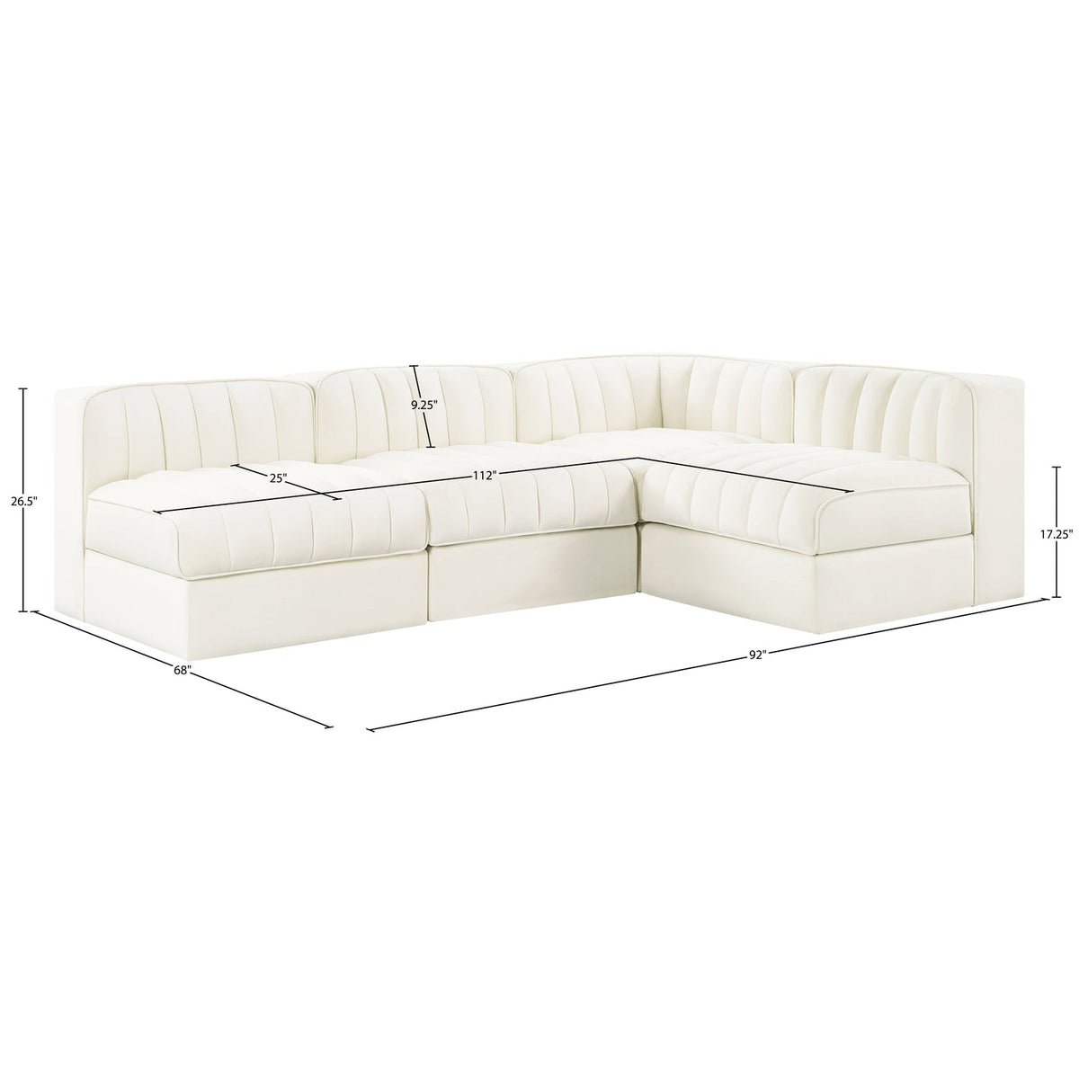 Rummi Cream Velvet Performance Fabric Upholstered 4 Piece Modular Sectional Sofa