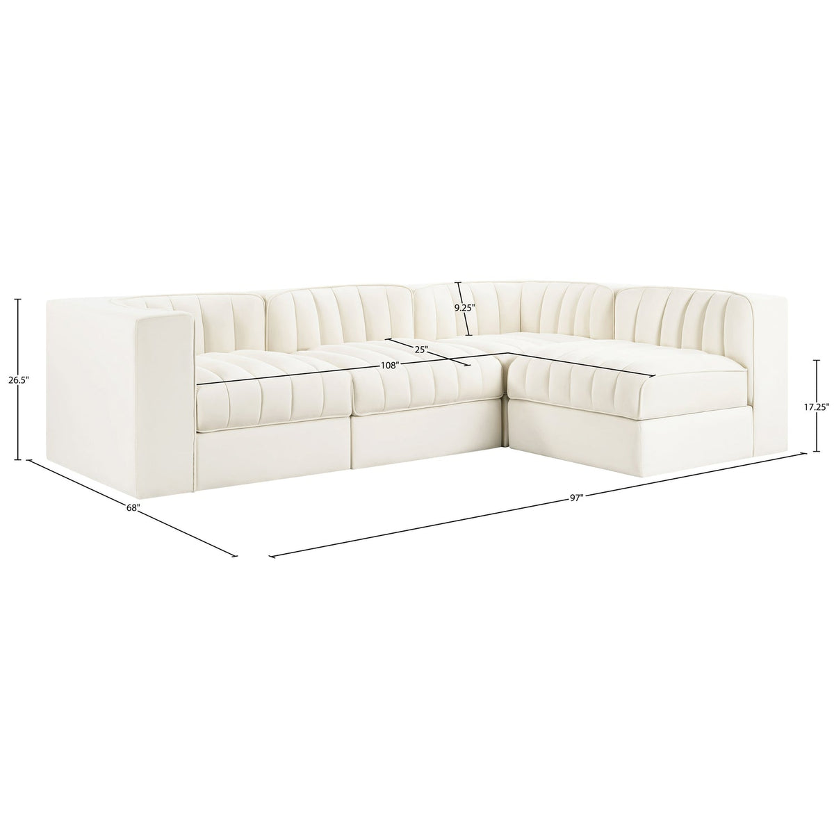 Rummi Cream Velvet Performance Fabric Upholstered 4 Piece Modular Sectional Sofa