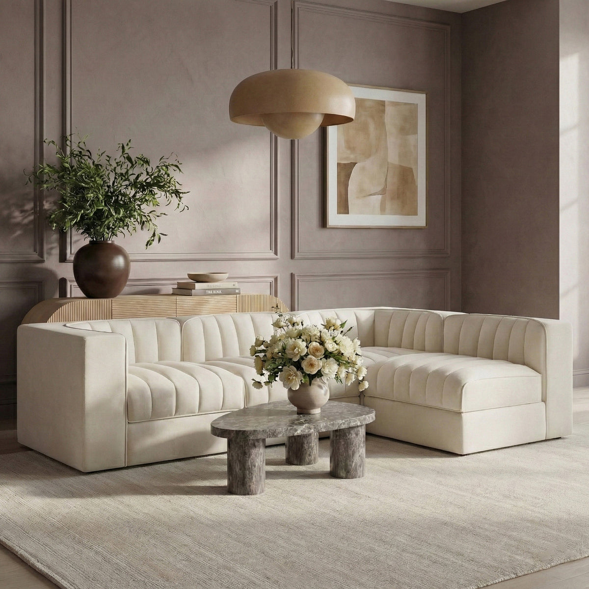 Rummi Cream Velvet Performance Fabric Upholstered 4 Piece Modular Sectional Sofa