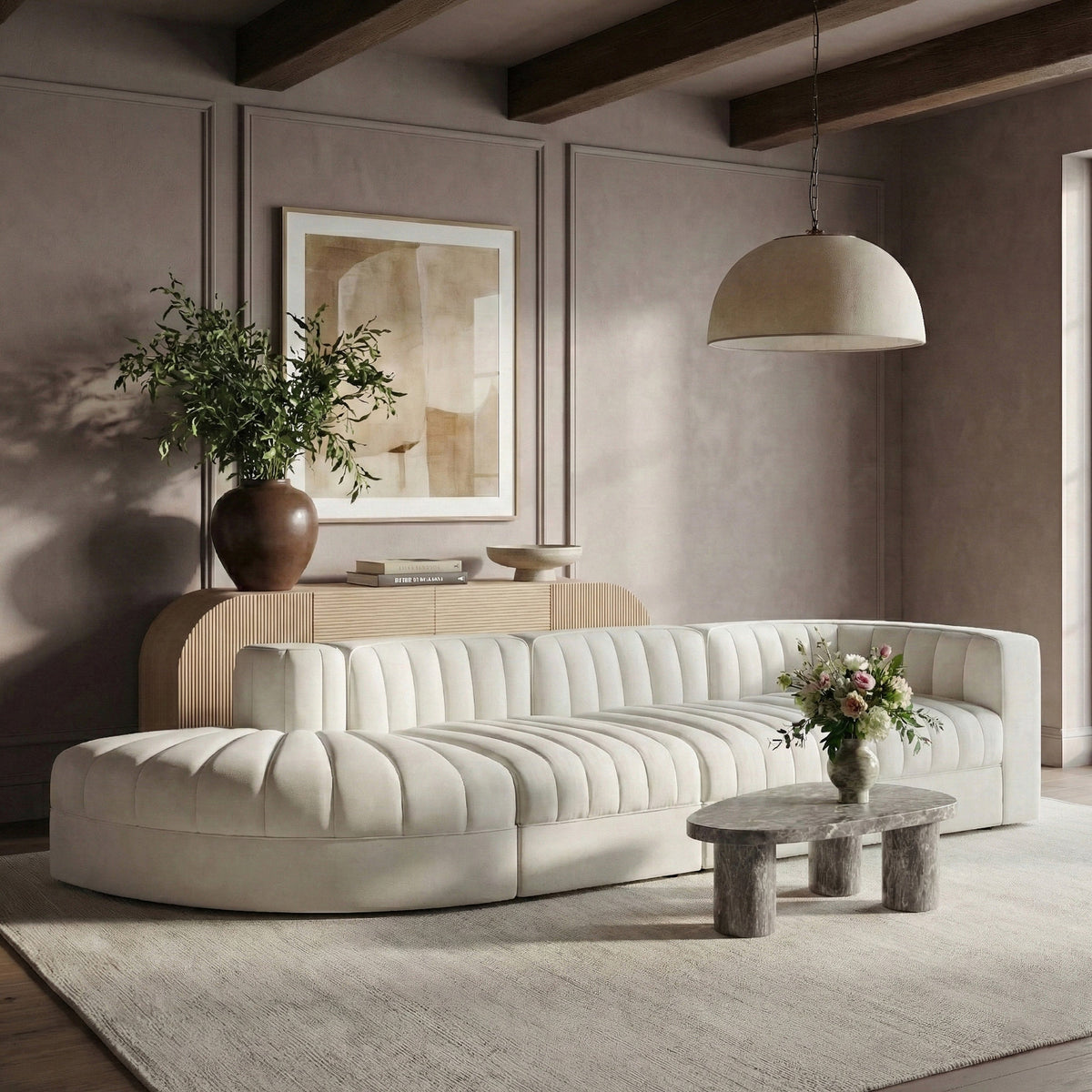 Rummi Cream Velvet Performance Fabric Upholstered 4 Piece Modular Sectional Sofa