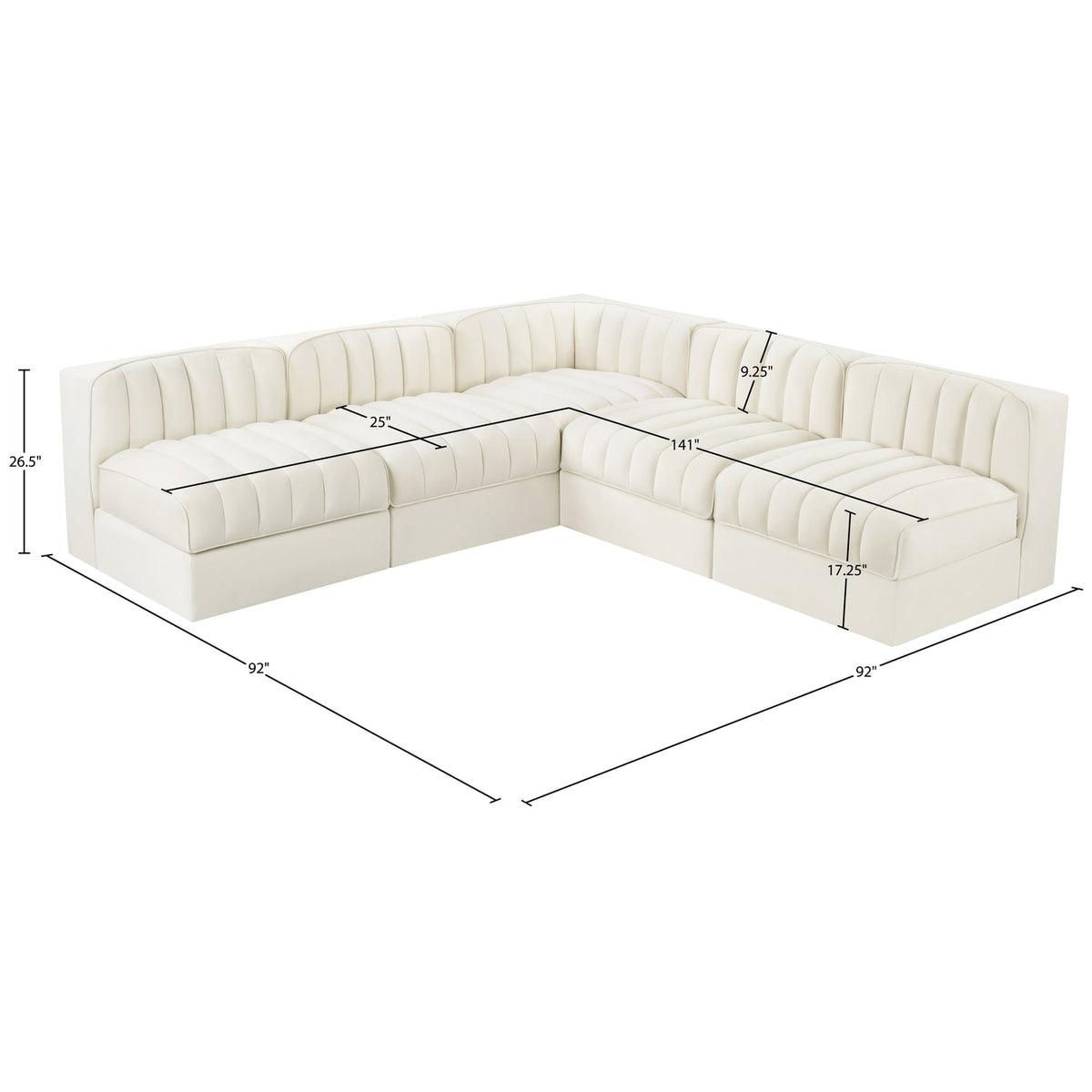 Rummi Cream Velvet Performance Fabric Upholstered 5 Piece Modular Sectional Sofa