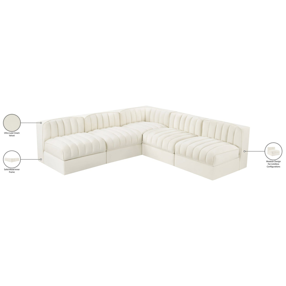 Rummi Cream Velvet Performance Fabric Upholstered 5 Piece Modular Sectional Sofa