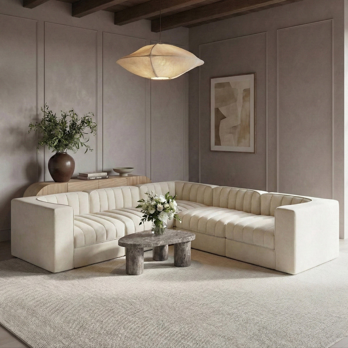 Rummi Cream Velvet Performance Fabric Upholstered 5 Piece Modular Sectional Sofa