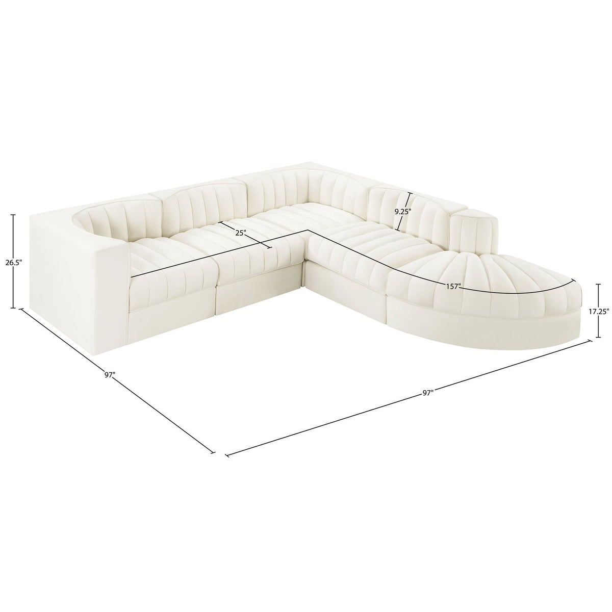 Rummi Cream Velvet Performance Fabric Upholstered 5 Piece Modular Sectional Sofa