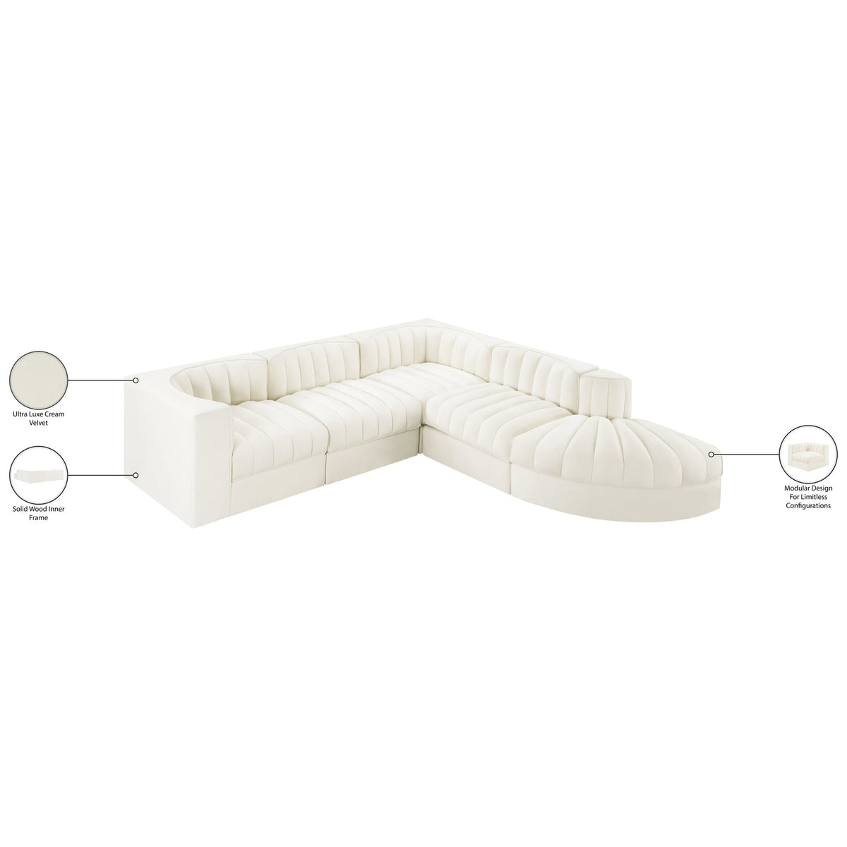 Rummi Cream Velvet Performance Fabric Upholstered 5 Piece Modular Sectional Sofa