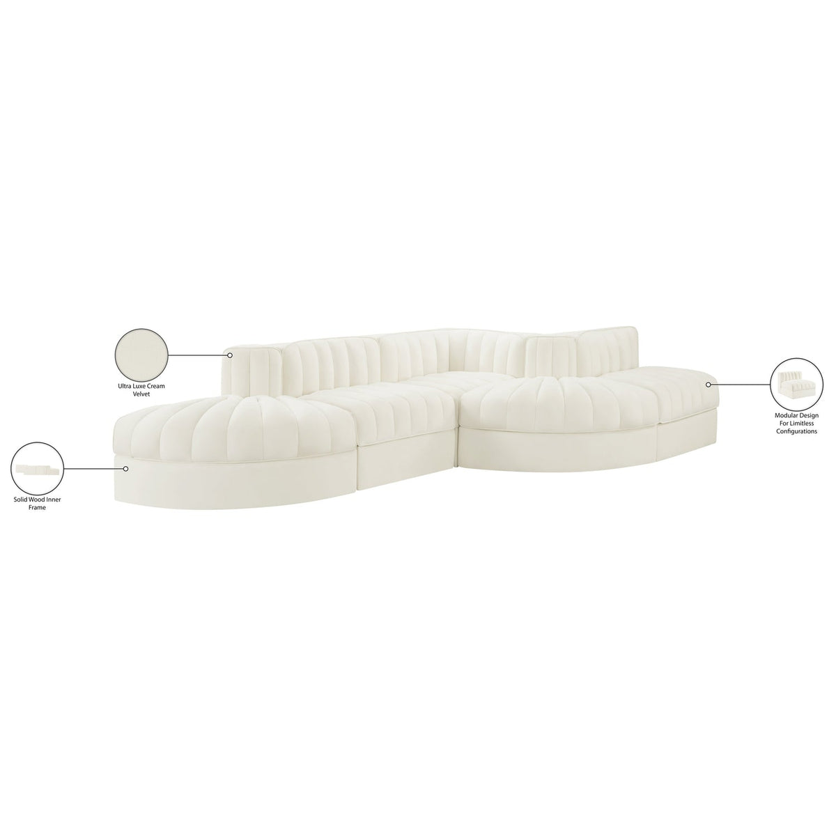 Rummi Cream Velvet Performance Fabric Upholstered 5 Piece Modular Sectional Sofa
