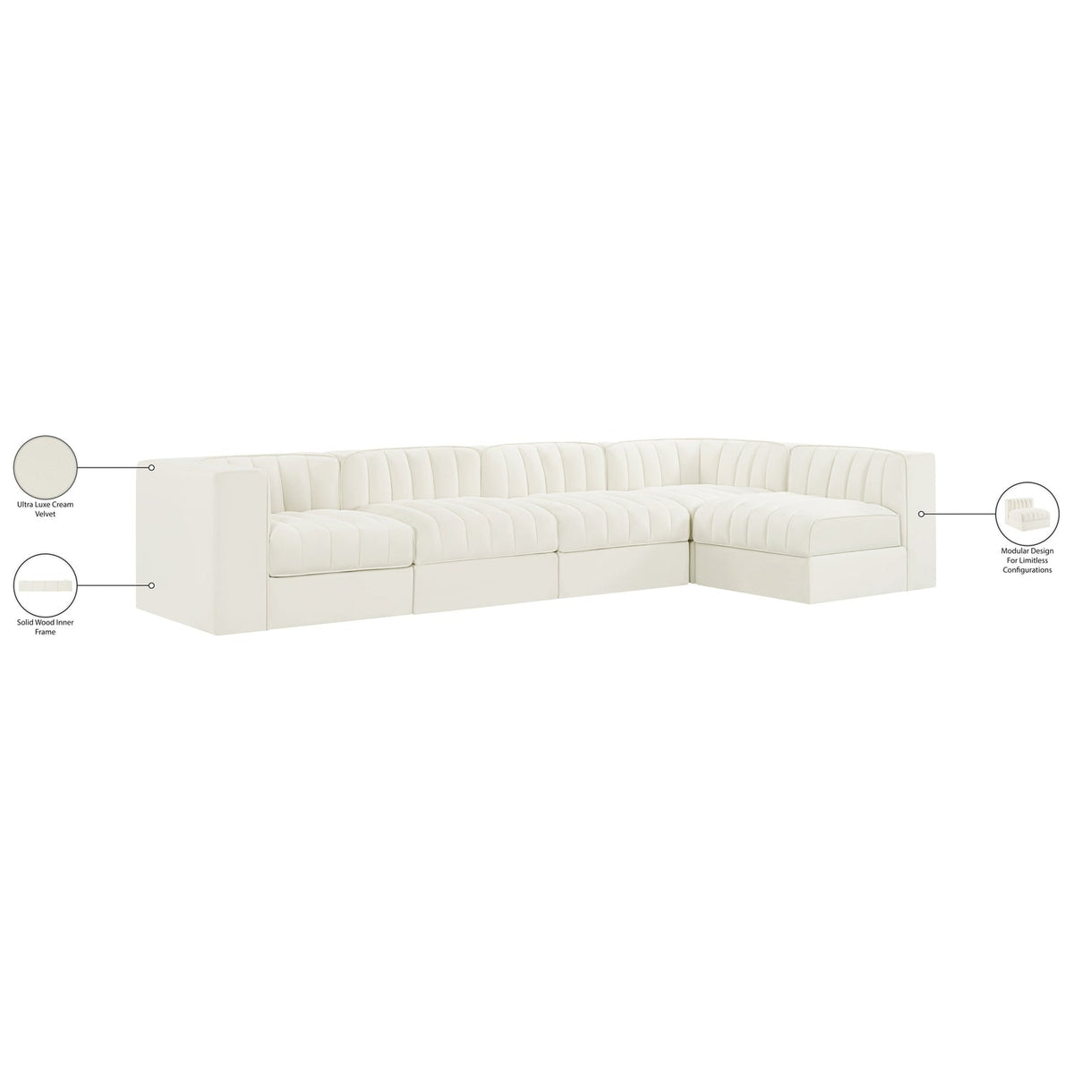 Rummi Cream Velvet Performance Fabric Upholstered 5 Piece Modular Sectional Sofa