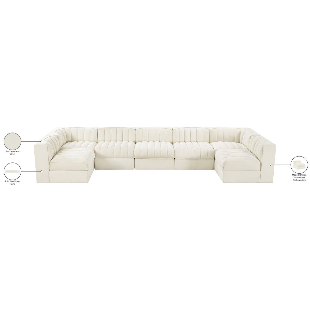 Rummi Cream Velvet Performance Fabric Upholstered 7 Piece Modular Sectional Sofa