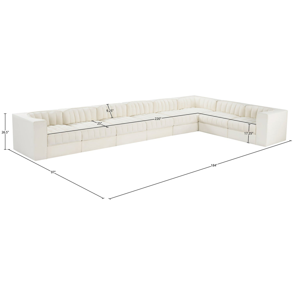 Rummi Cream Velvet Performance Fabric Upholstered 8 Piece Modular Sectional Sofa