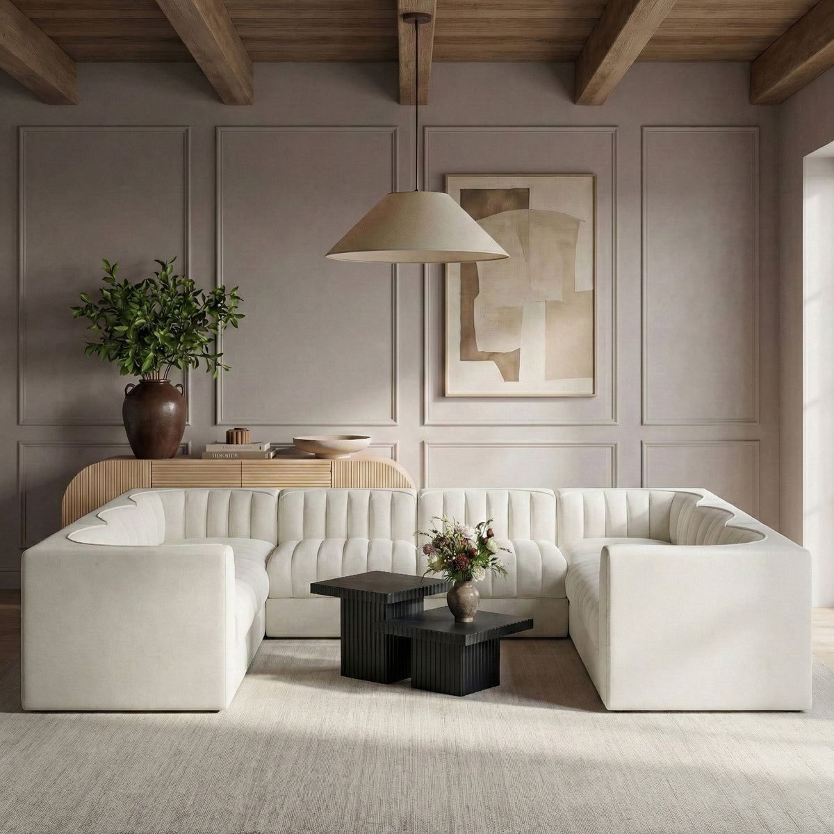 Rummi Cream Velvet Performance Fabric Upholstered Modular Sectional Sofa