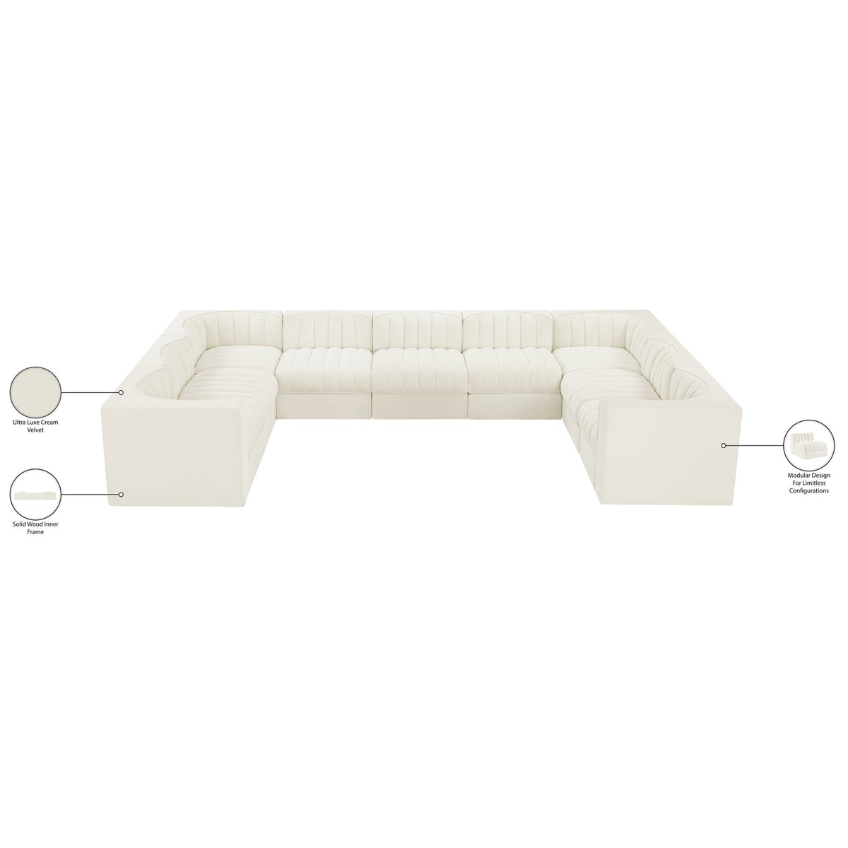 Rummi Cream Velvet Performance Fabric Upholstered 9 Piece Modular Sectional Sofa