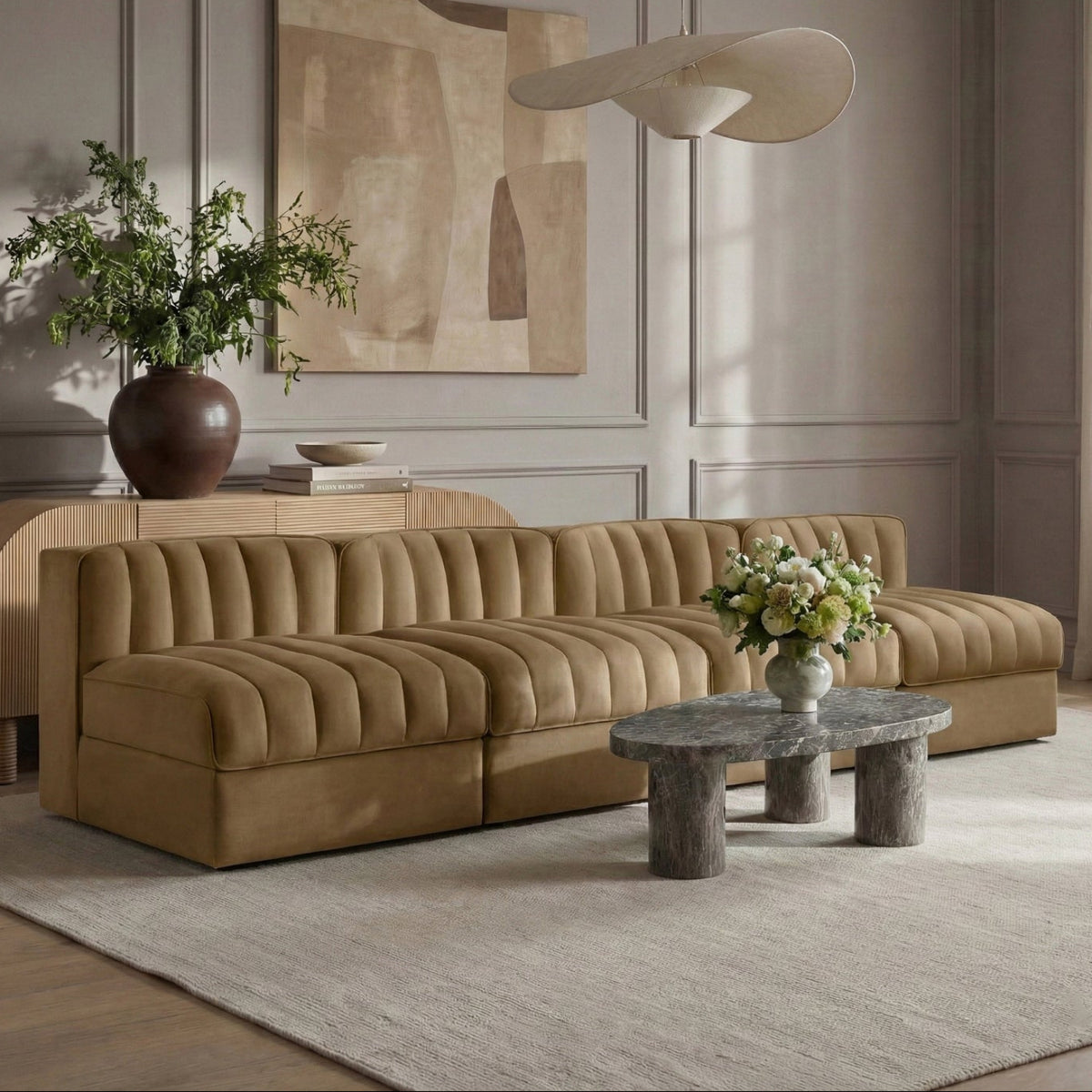 Rummi Saddle Velvet Performance Fabric Upholstered 4 Piece. Modular Sofa