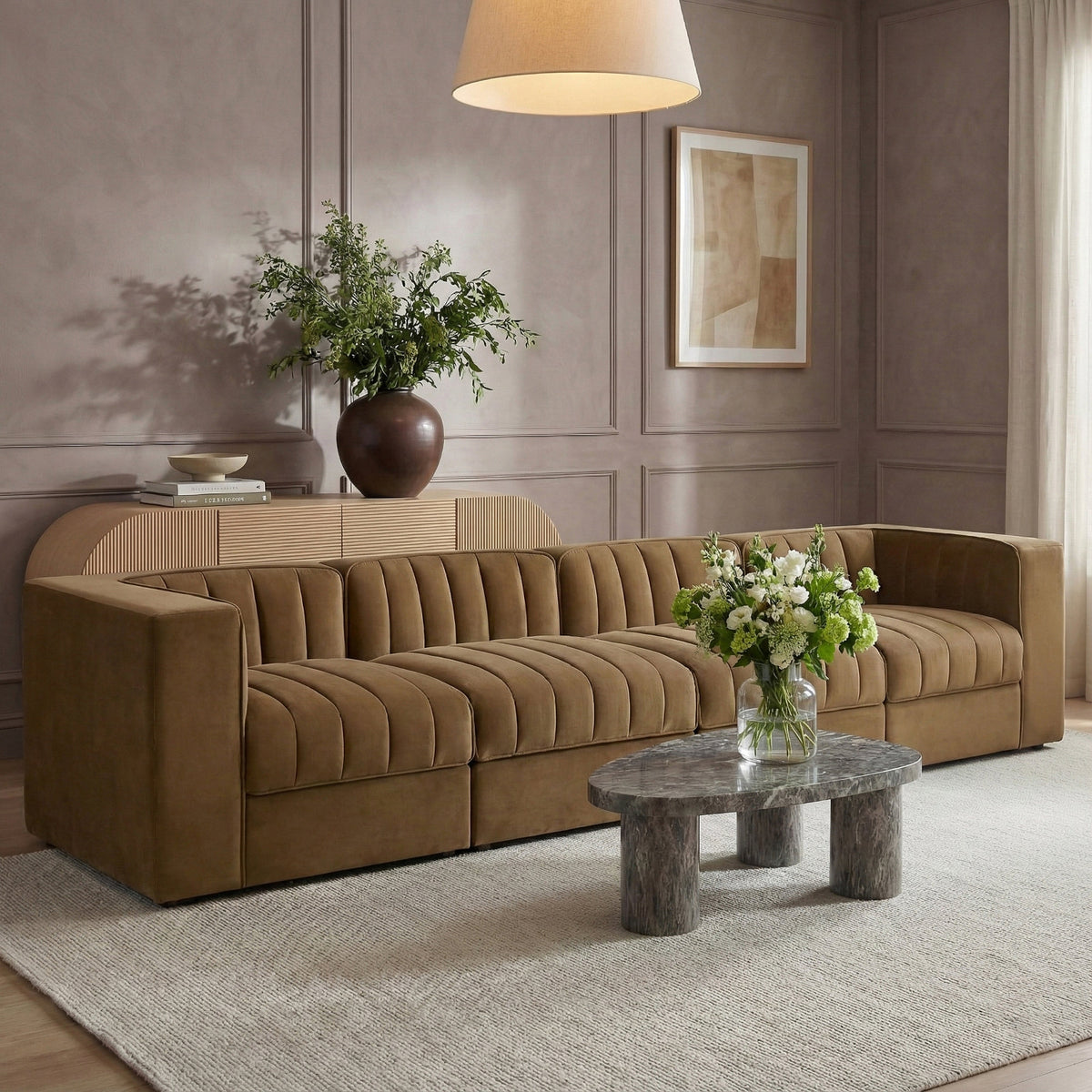 Rummi Saddle Velvet Performance Fabric Upholstered 4 Piece. Modular Sofa