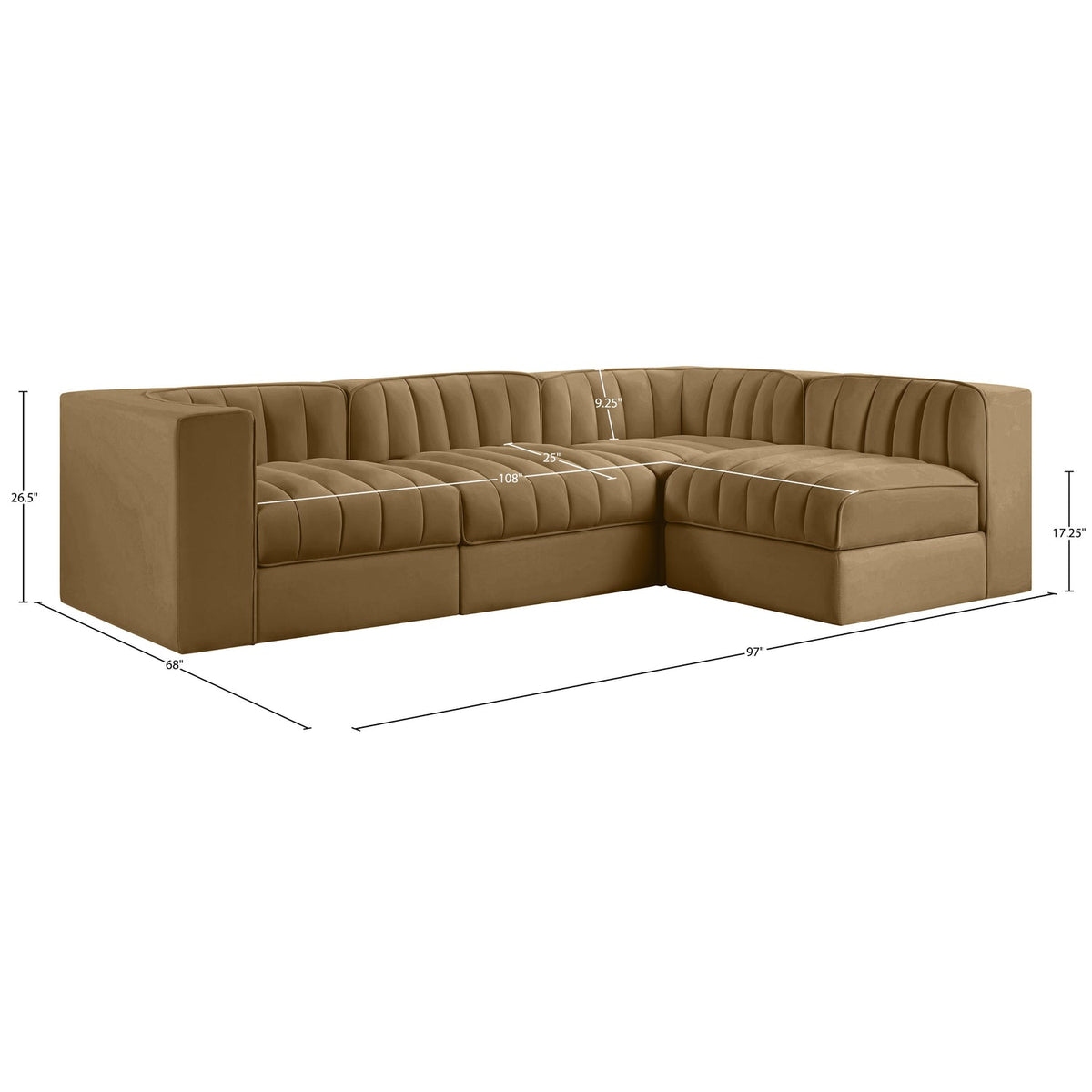 Rummi Saddle Velvet Performance Fabric Upholstered 4 Piece Modular Sectional Sofa