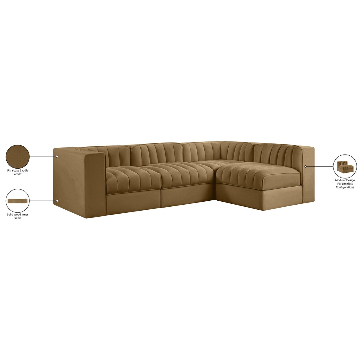 Rummi Saddle Velvet Performance Fabric Upholstered 4 Piece Modular Sectional Sofa
