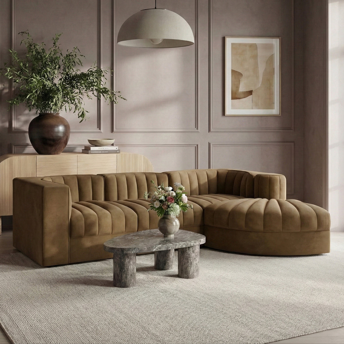 Rummi Saddle Velvet Performance Fabric Upholstered 4 Piece Modular Sectional Sofa